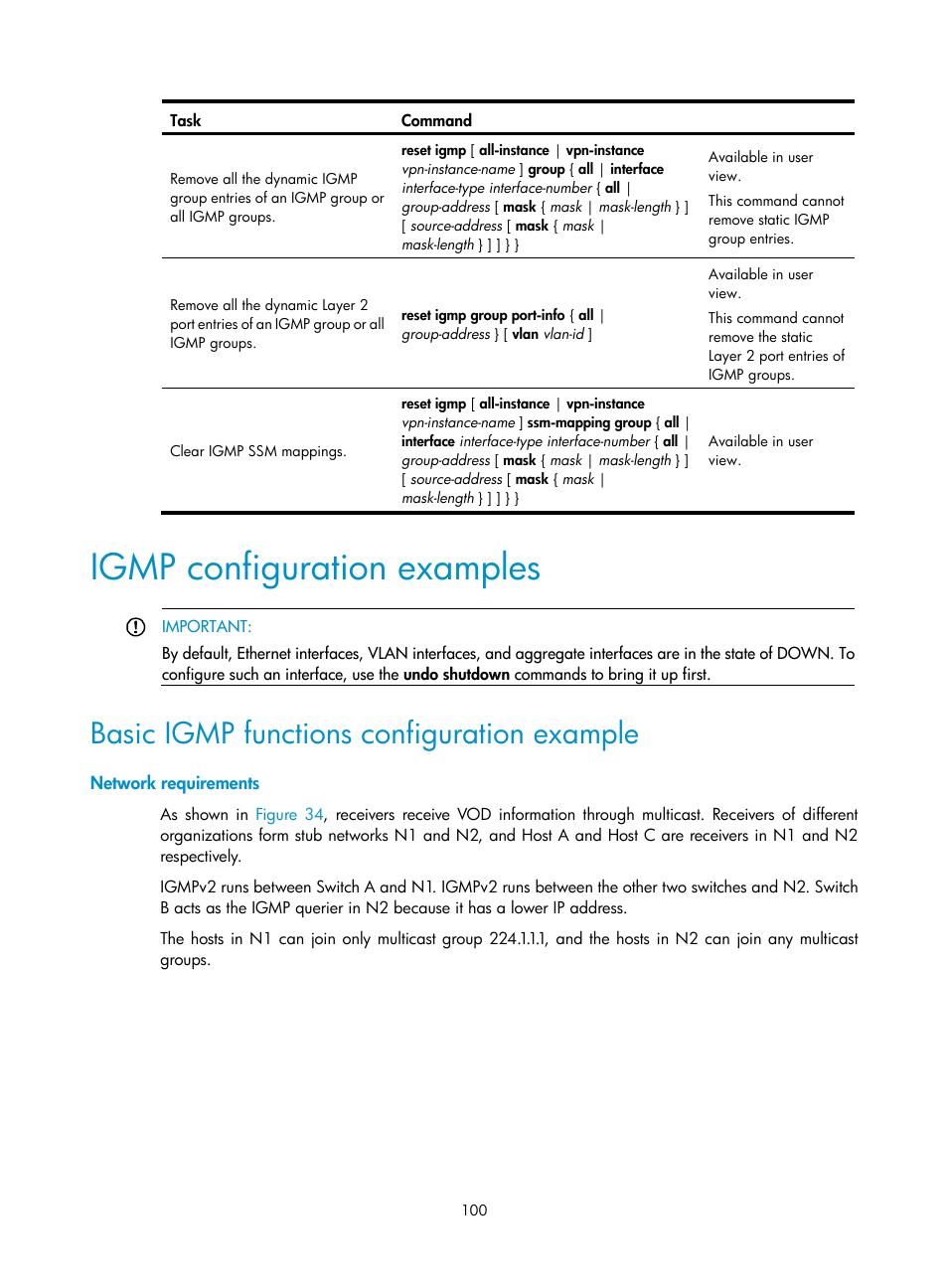 Igmp configuration examples, Basic igmp functions configuration example, Network requirements | H3C Technologies H3C S12500 Series Switches User Manual | Page 116 / 468