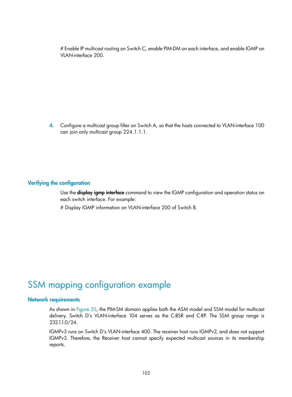 Verifying the configuration, Ssm mapping configuration example, Network requirements | H3C Technologies H3C S12500 Series Switches User Manual | Page 118 / 468