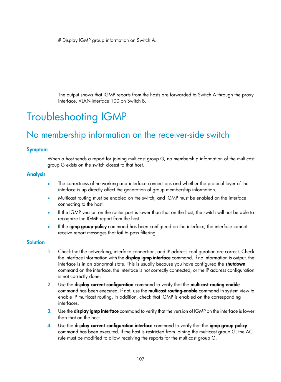 Troubleshooting igmp, Symptom, Analysis | Solution | H3C Technologies H3C S12500 Series Switches User Manual | Page 123 / 468