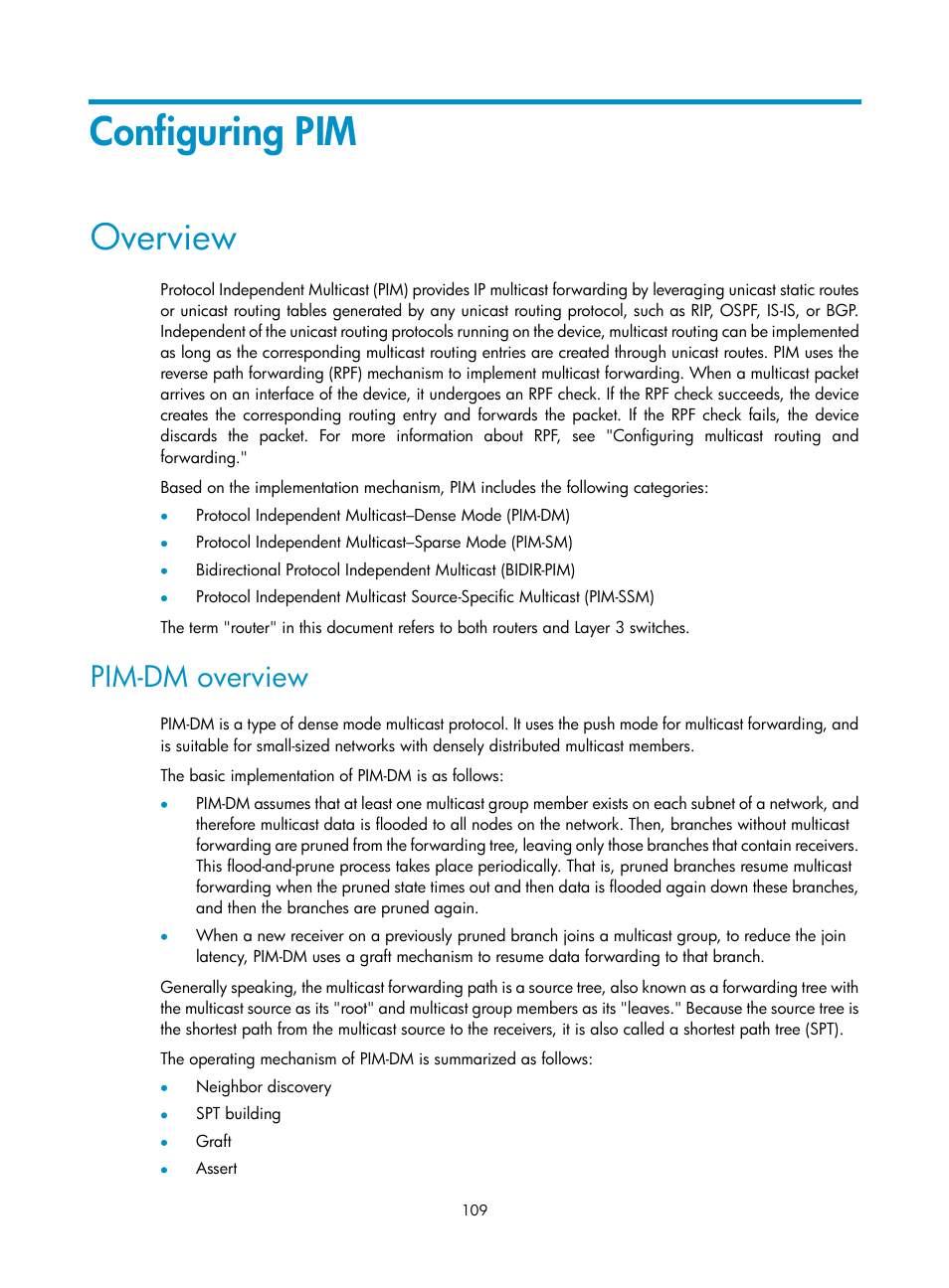 Configuring pim, Overview, Pim-dm overview | H3C Technologies H3C S12500 Series Switches User Manual | Page 125 / 468