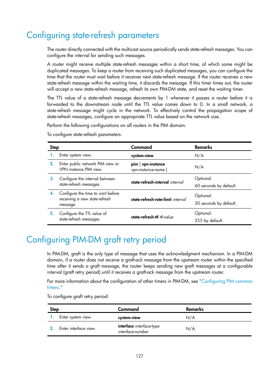 Configuring state-refresh parameters, Configuring pim-dm graft retry period | H3C Technologies H3C S12500 Series Switches User Manual | Page 143 / 468