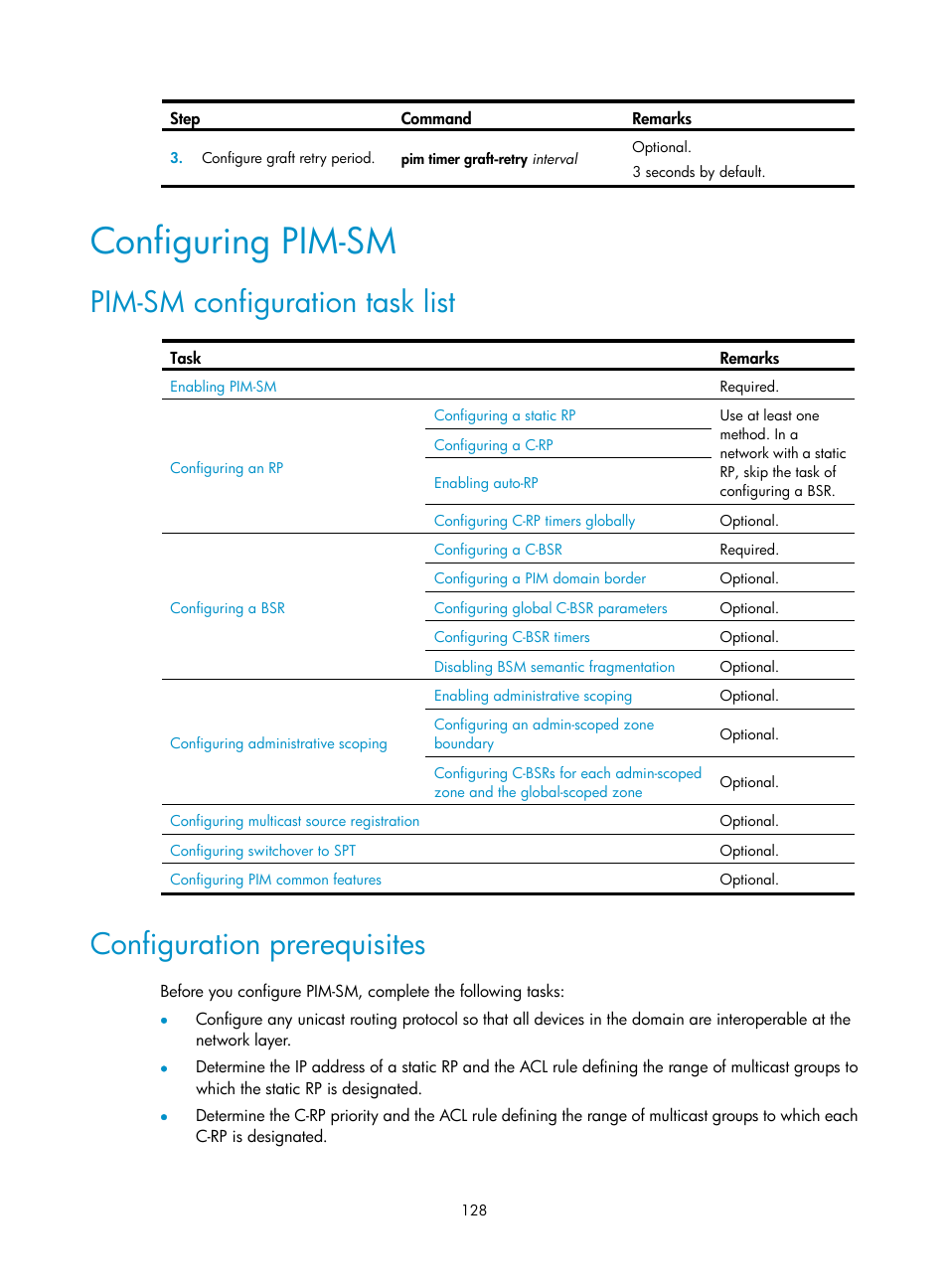 Configuring pim-sm, Pim-sm configuration task list, Configuration prerequisites | H3C Technologies H3C S12500 Series Switches User Manual | Page 144 / 468