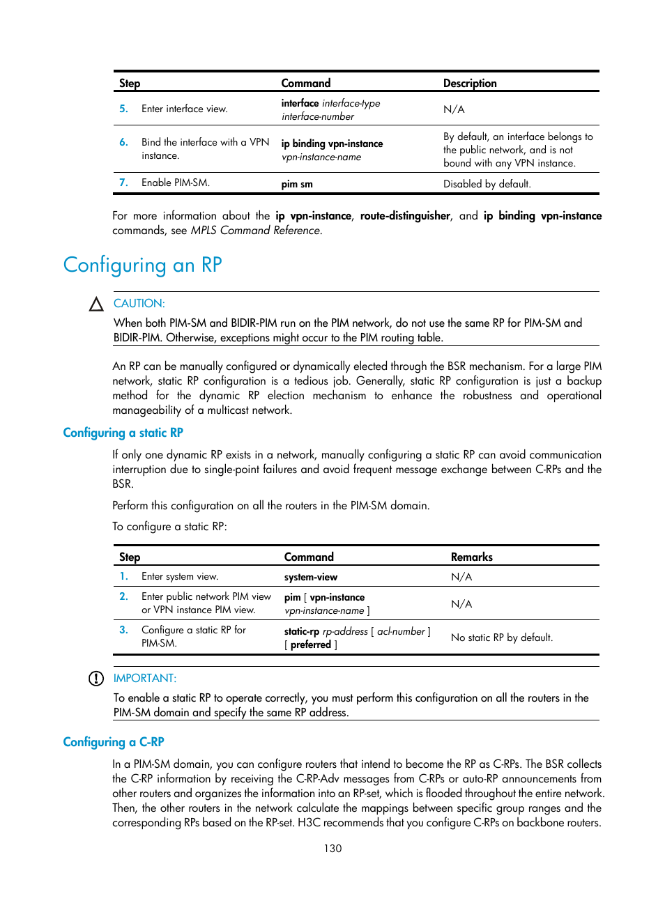 Configuring an rp, Configuring a static rp, Configuring a c-rp | H3C Technologies H3C S12500 Series Switches User Manual | Page 146 / 468