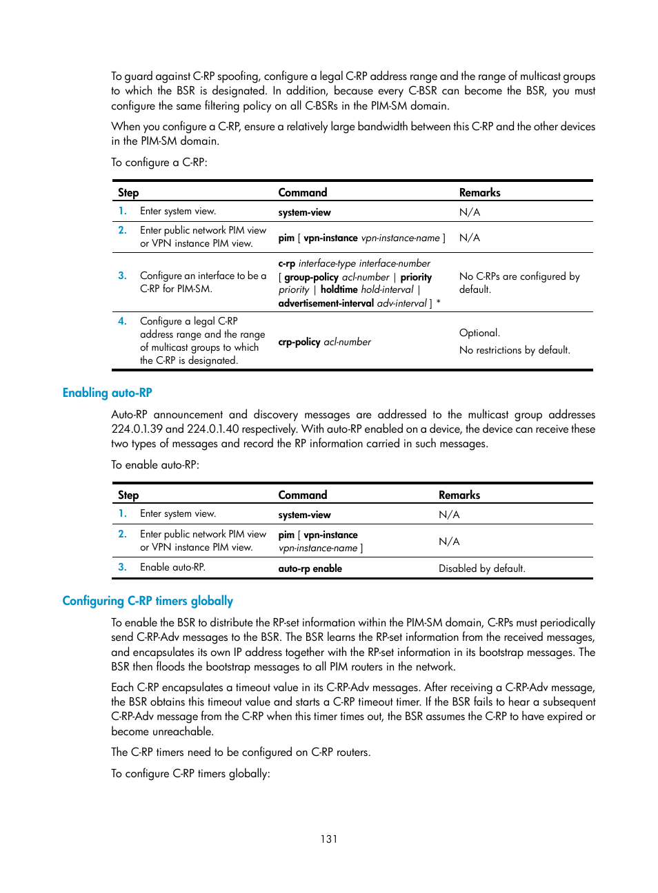 Enabling auto-rp, Configuring c-rp timers globally | H3C Technologies H3C S12500 Series Switches User Manual | Page 147 / 468