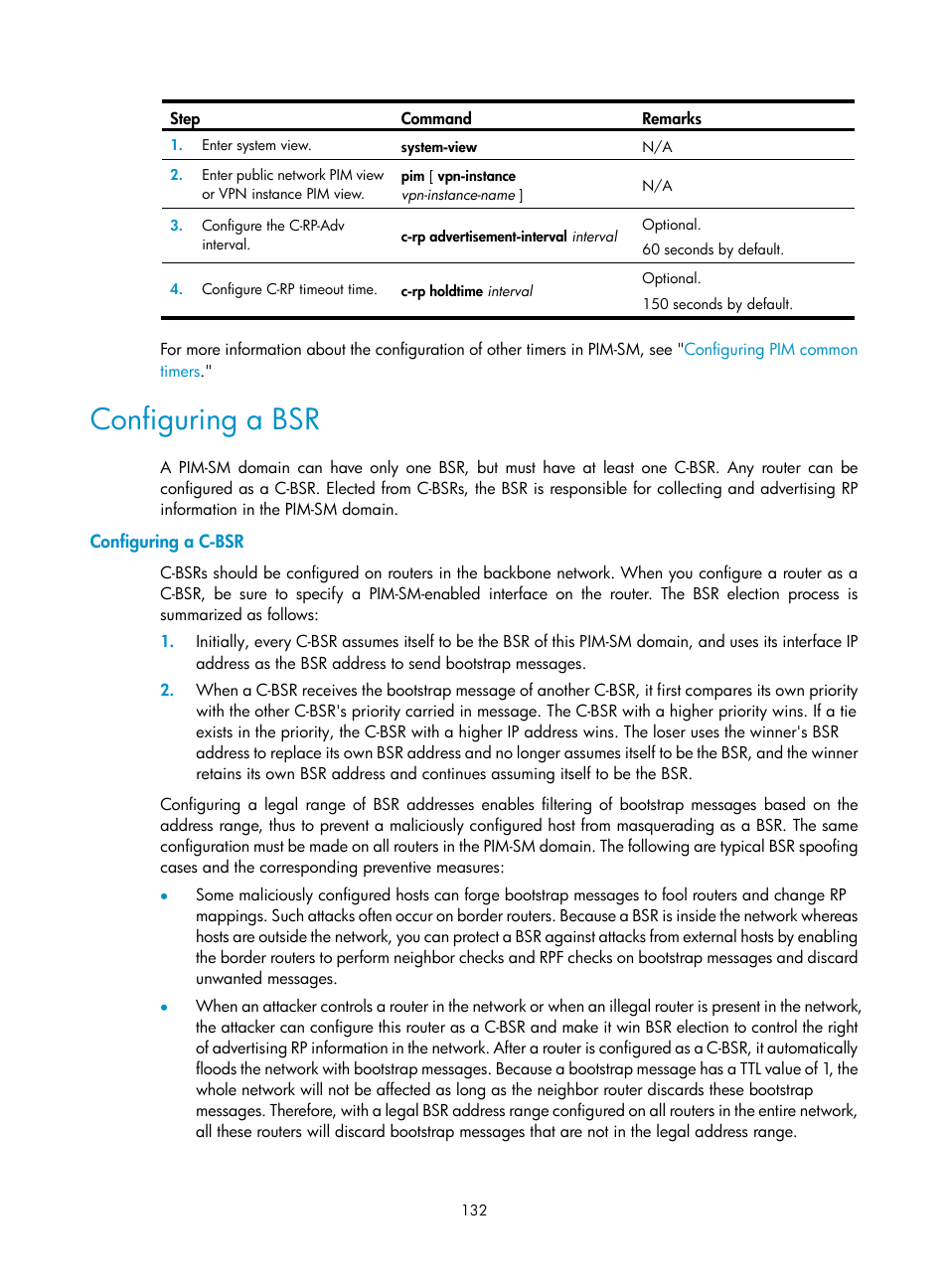 Configuring a bsr, Configuring a c-bsr | H3C Technologies H3C S12500 Series Switches User Manual | Page 148 / 468