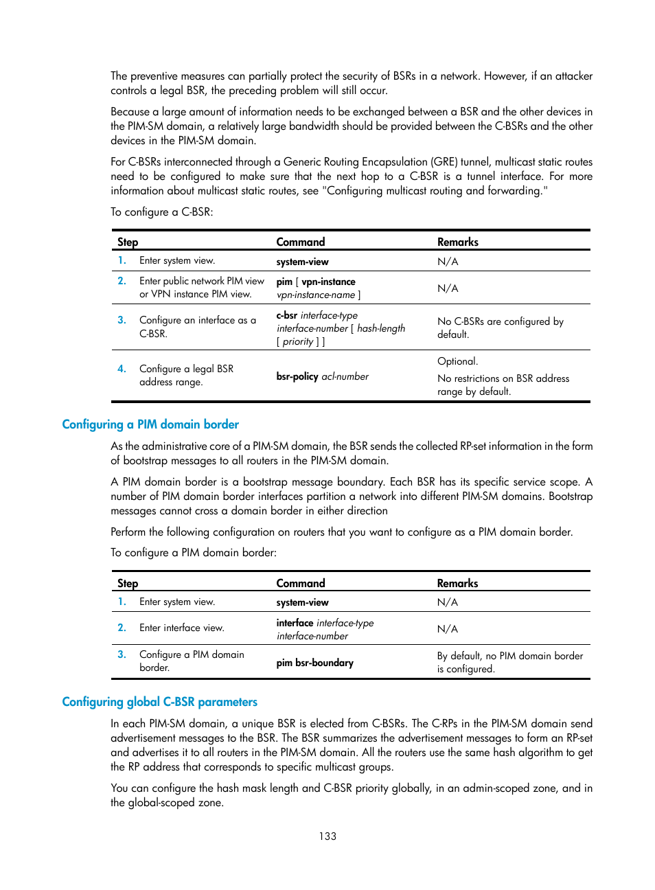 Configuring a pim domain border, Configuring global c-bsr parameters | H3C Technologies H3C S12500 Series Switches User Manual | Page 149 / 468