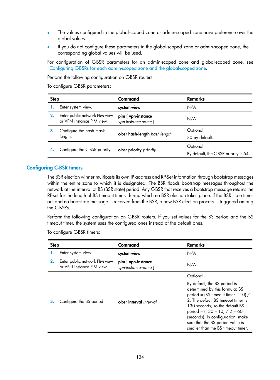 Configuring c-bsr timers | H3C Technologies H3C S12500 Series Switches User Manual | Page 150 / 468