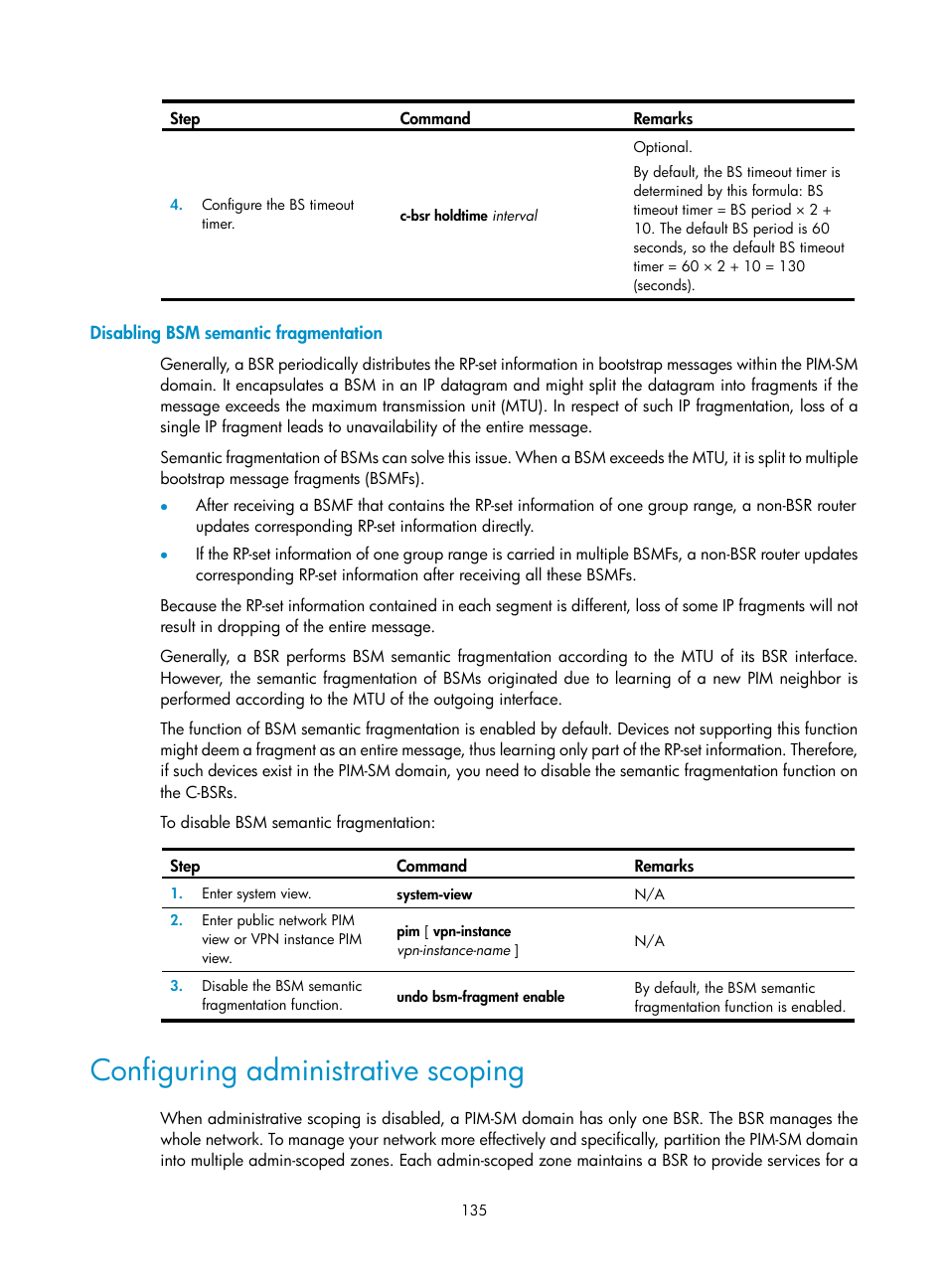 Disabling bsm semantic fragmentation, Configuring administrative scoping | H3C Technologies H3C S12500 Series Switches User Manual | Page 151 / 468