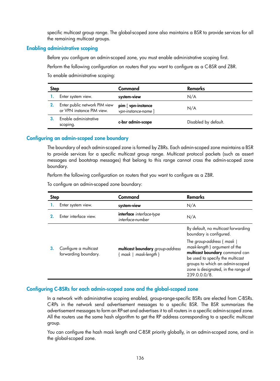 Enabling administrative scoping, Configuring an admin-scoped zone boundary | H3C Technologies H3C S12500 Series Switches User Manual | Page 152 / 468