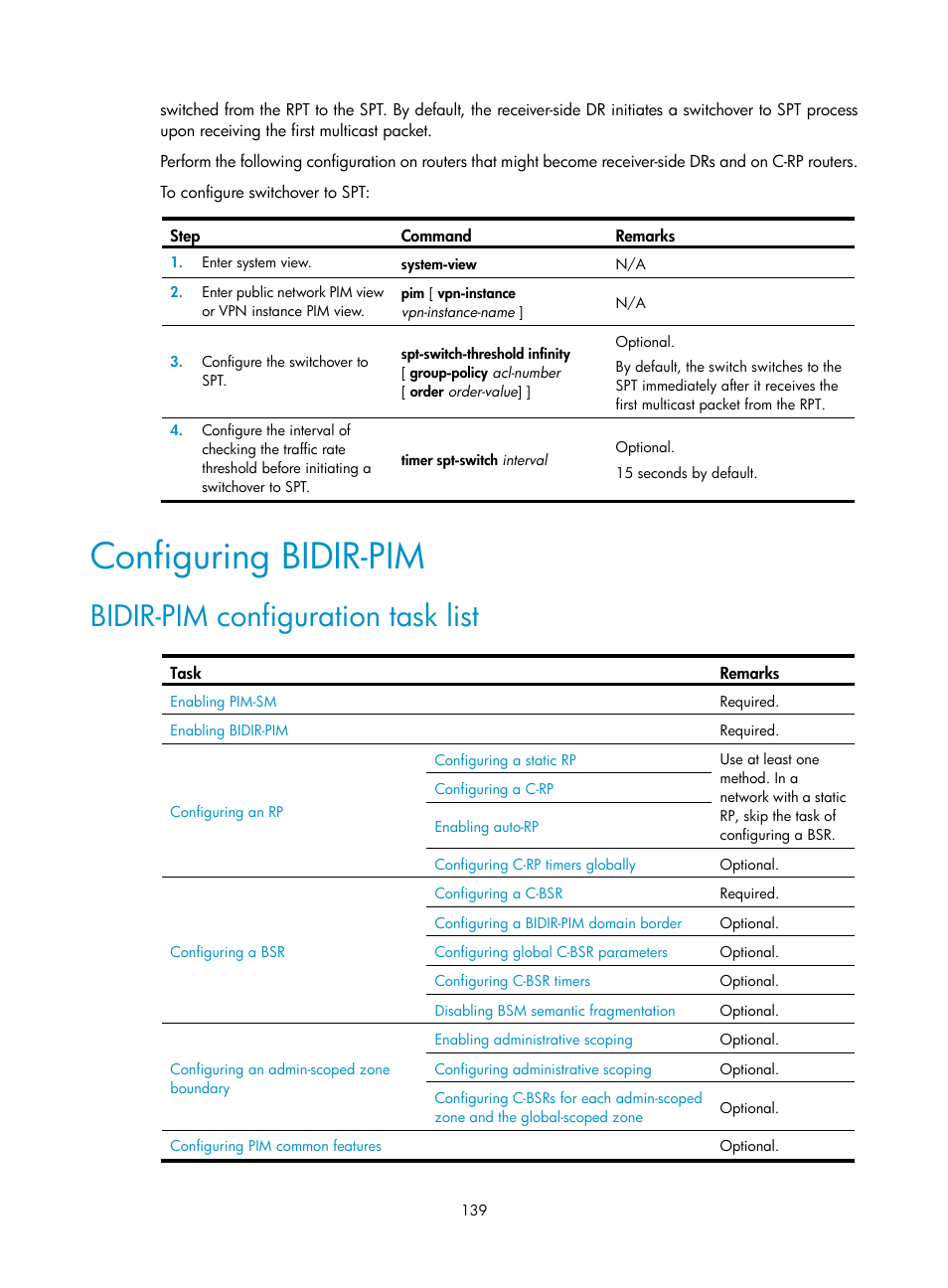 Configuring bidir-pim, Bidir-pim configuration task list | H3C Technologies H3C S12500 Series Switches User Manual | Page 155 / 468