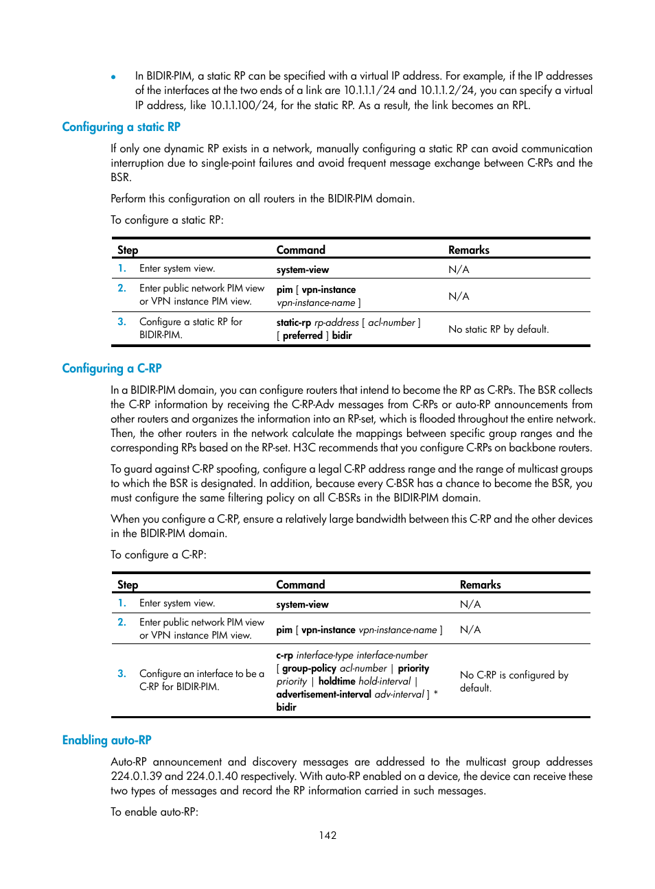 Configuring a static rp, Configuring a c-rp, Enabling auto-rp | H3C Technologies H3C S12500 Series Switches User Manual | Page 158 / 468