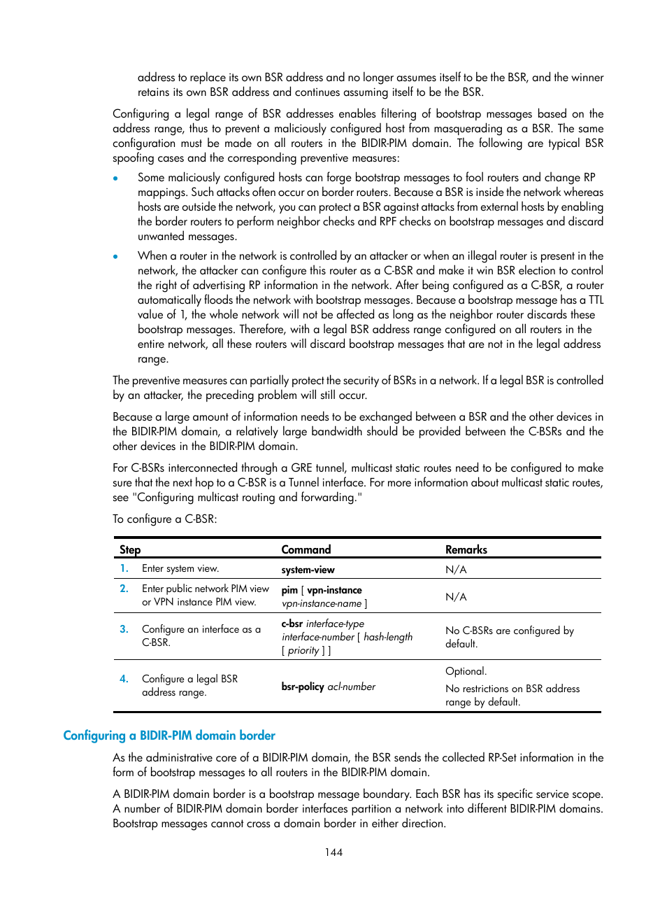 Configuring a bidir-pim domain border | H3C Technologies H3C S12500 Series Switches User Manual | Page 160 / 468