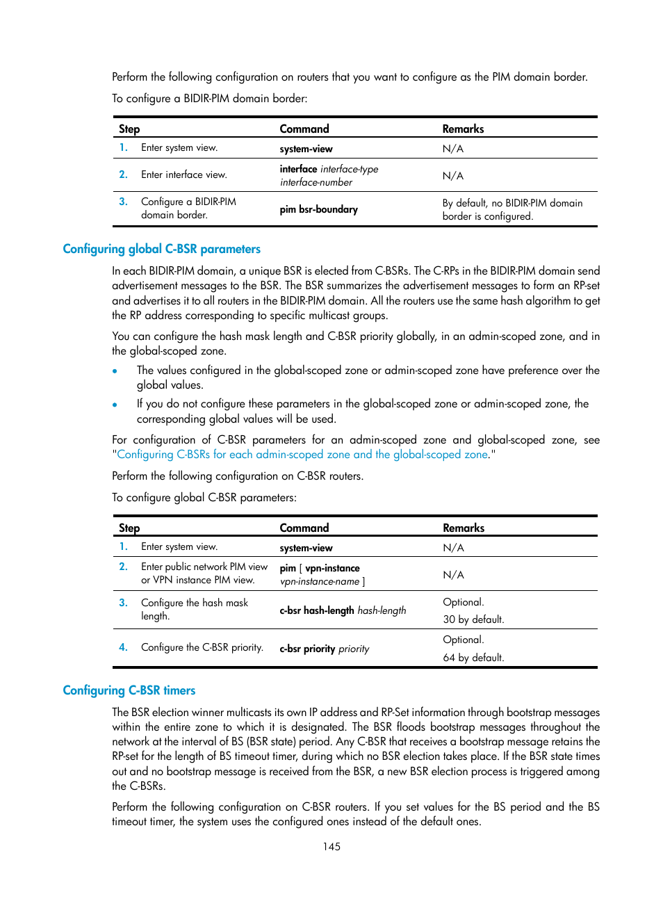 Configuring global c-bsr parameters, Configuring c-bsr timers | H3C Technologies H3C S12500 Series Switches User Manual | Page 161 / 468