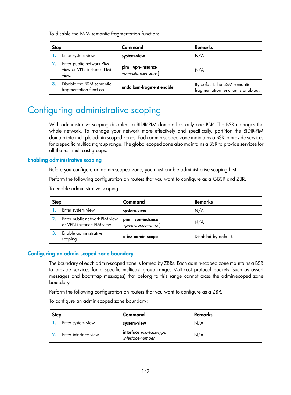 Configuring administrative scoping, Enabling administrative scoping, Configuring an admin-scoped zone boundary | H3C Technologies H3C S12500 Series Switches User Manual | Page 163 / 468