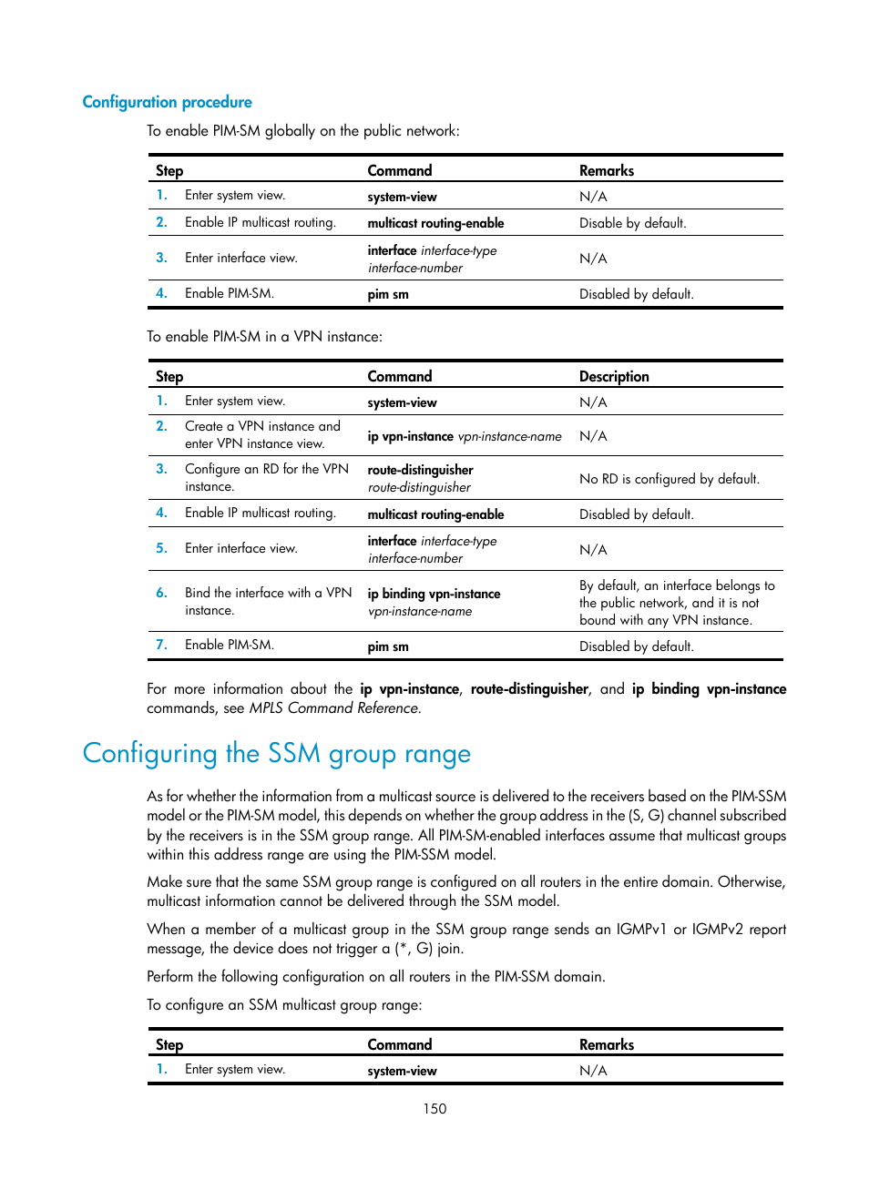 Configuration procedure, Configuring the ssm group range | H3C Technologies H3C S12500 Series Switches User Manual | Page 166 / 468