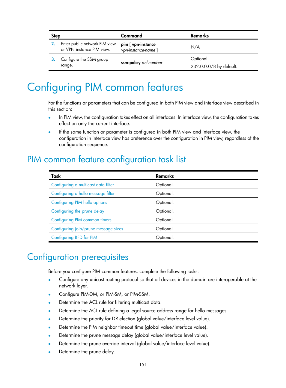 Configuring pim common features, Pim common feature configuration task list, Configuration prerequisites | H3C Technologies H3C S12500 Series Switches User Manual | Page 167 / 468