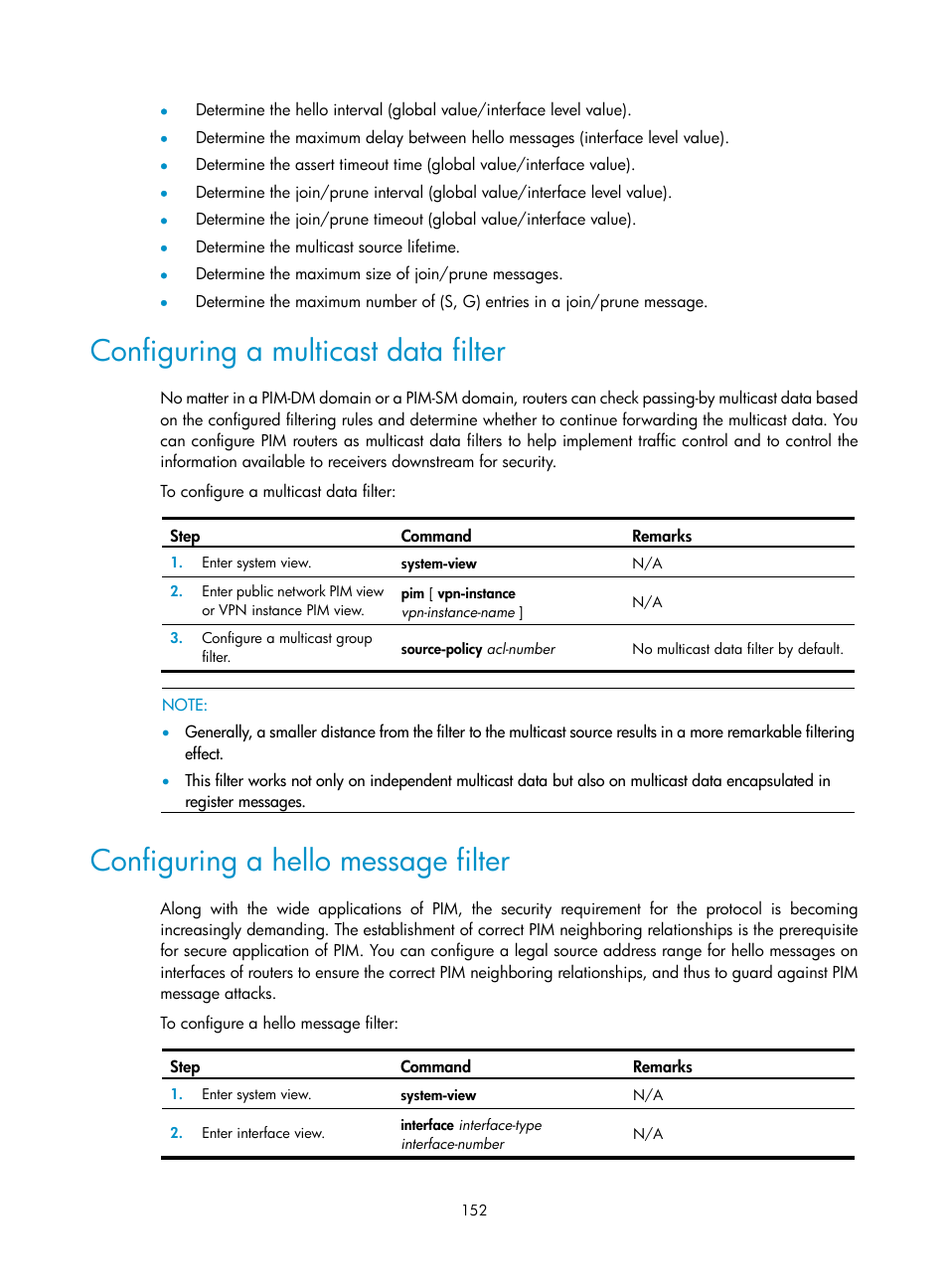 Configuring a multicast data filter, Configuring a hello message filter | H3C Technologies H3C S12500 Series Switches User Manual | Page 168 / 468