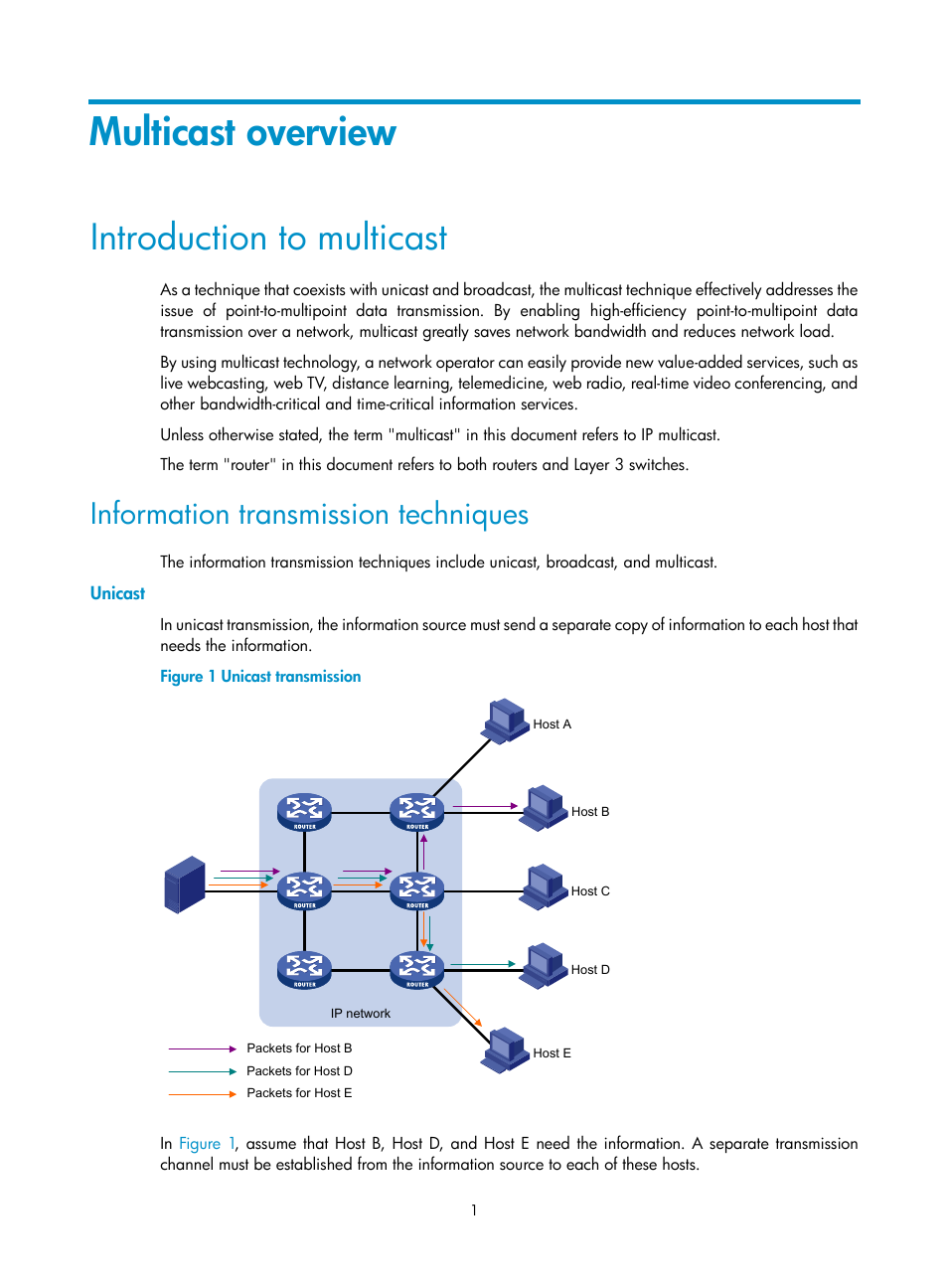 Multicast overview, Introduction to multicast, Information transmission techniques | Unicast | H3C Technologies H3C S12500 Series Switches User Manual | Page 17 / 468