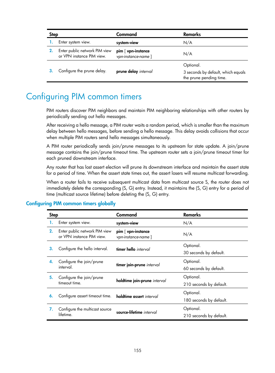 Configuring pim common timers, Configuring pim common timers globally, Configuring pim common | Timers | H3C Technologies H3C S12500 Series Switches User Manual | Page 171 / 468