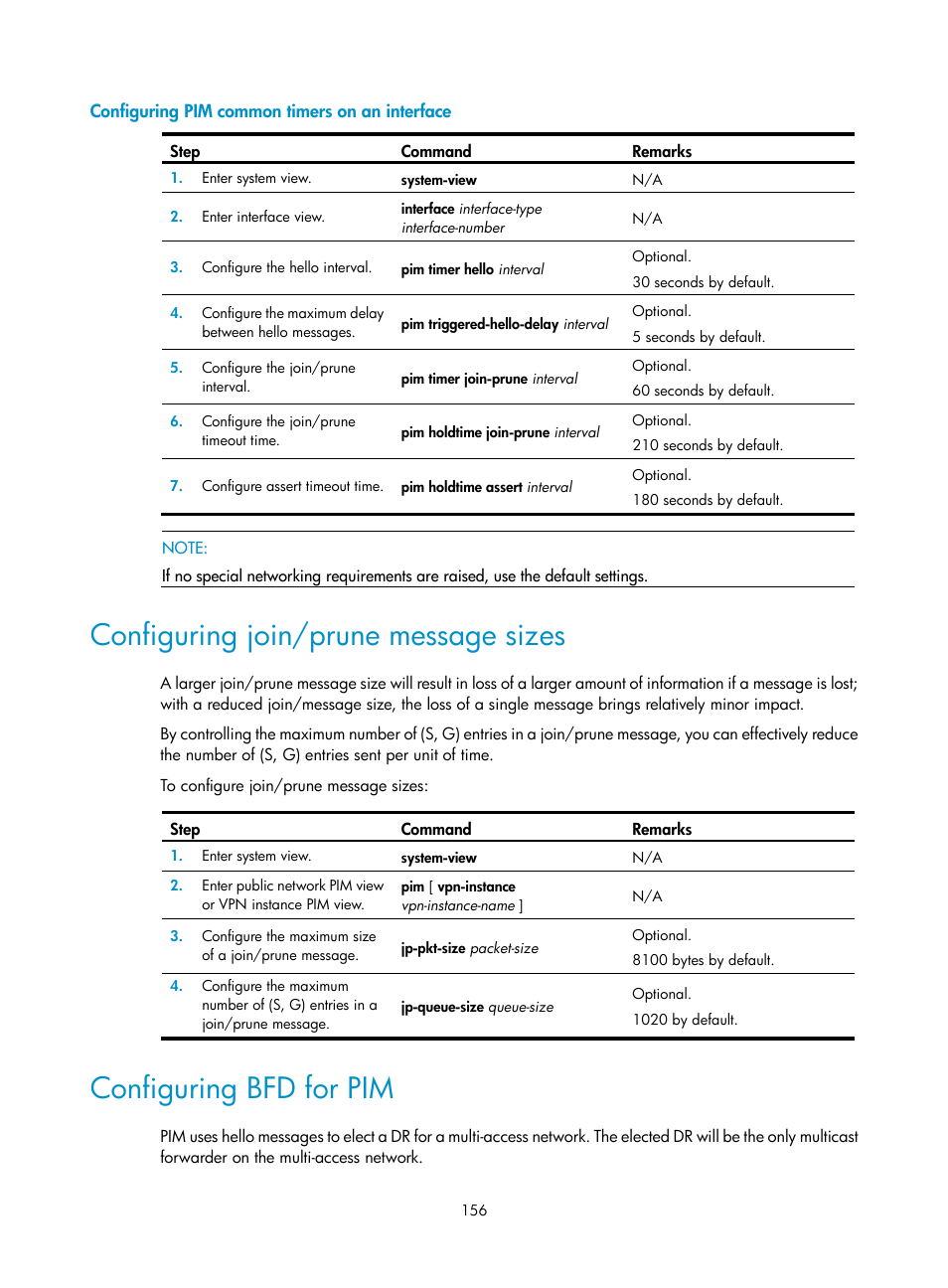 Configuring pim common timers on an interface, Configuring join/prune message sizes, Configuring bfd for pim | H3C Technologies H3C S12500 Series Switches User Manual | Page 172 / 468