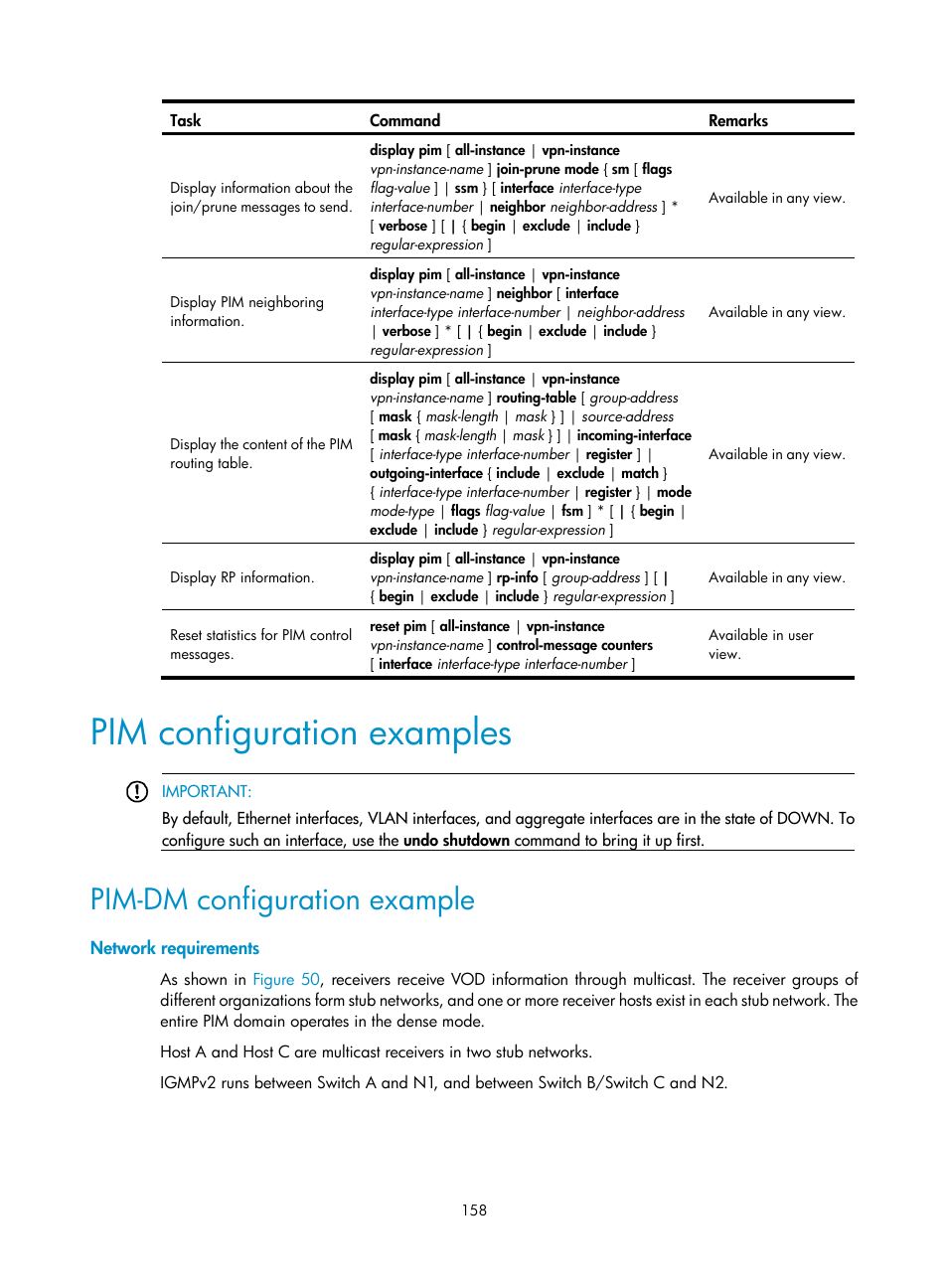 Pim configuration examples, Pim-dm configuration example, Network requirements | H3C Technologies H3C S12500 Series Switches User Manual | Page 174 / 468