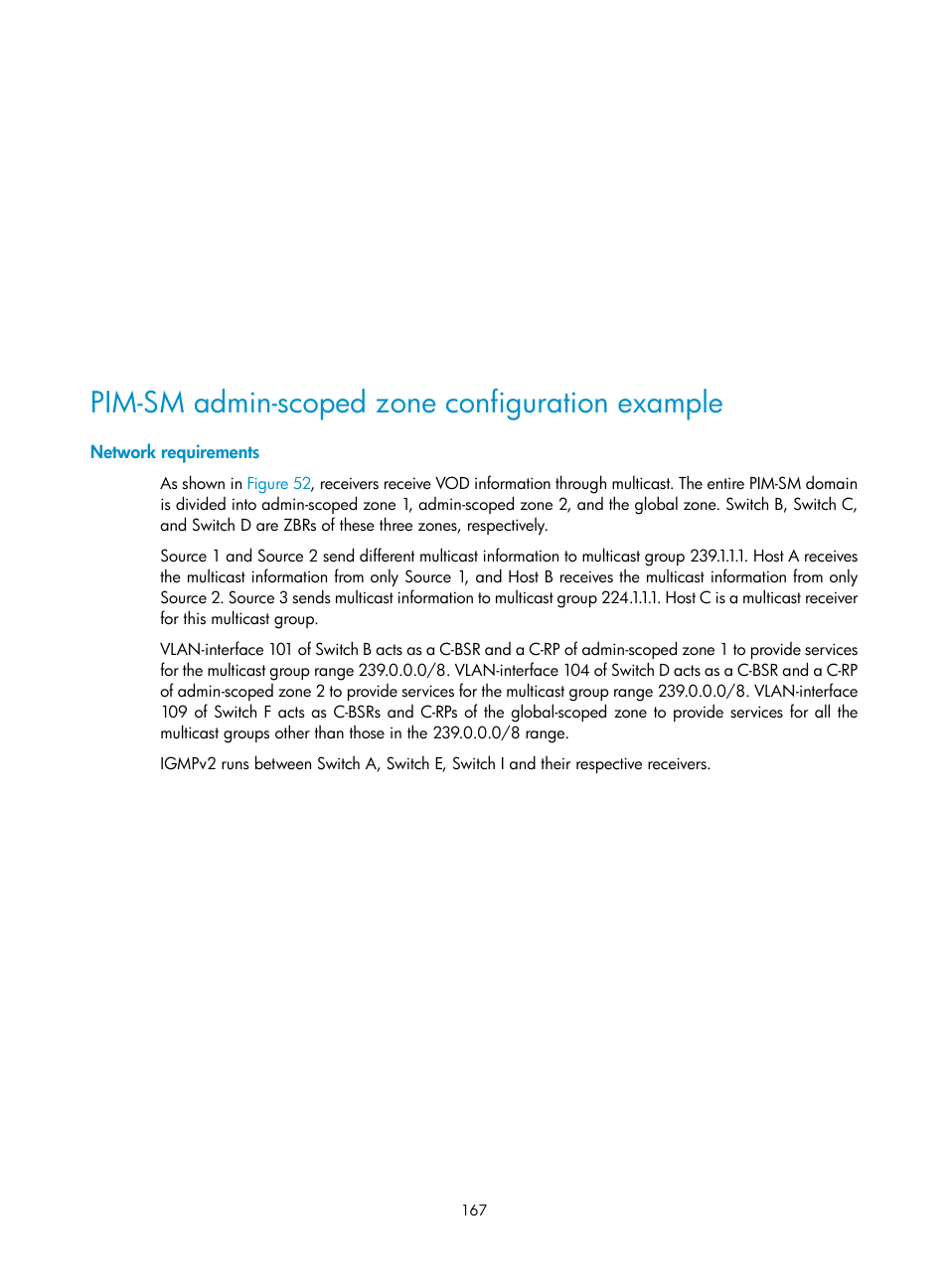 Pim-sm admin-scoped zone configuration example, Network requirements | H3C Technologies H3C S12500 Series Switches User Manual | Page 183 / 468