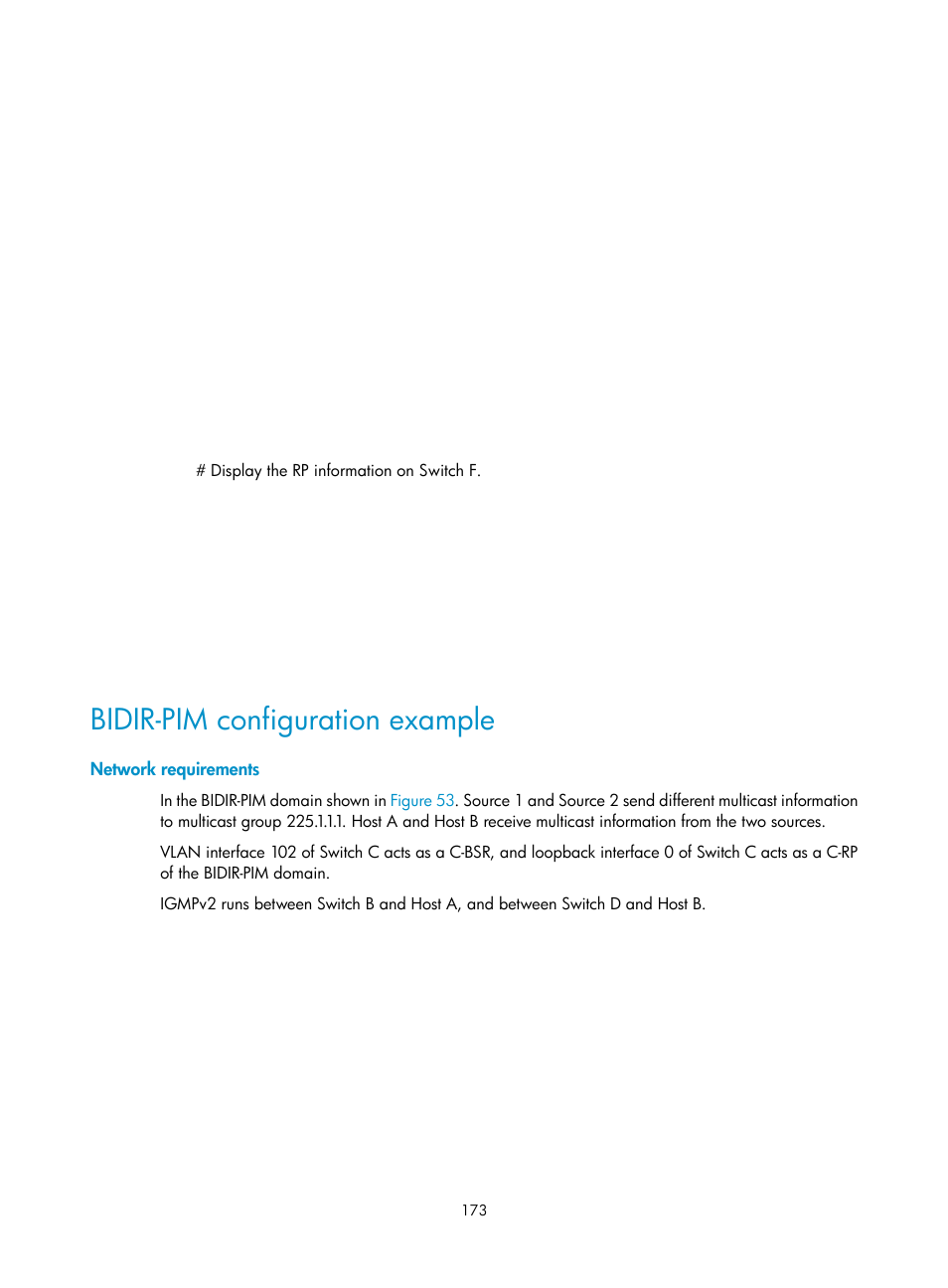 Bidir-pim configuration example, Network requirements | H3C Technologies H3C S12500 Series Switches User Manual | Page 189 / 468