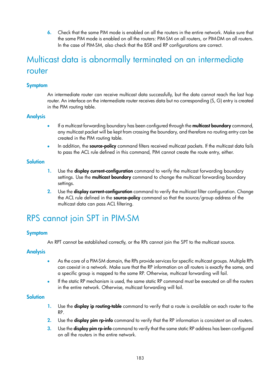Symptom, Analysis, Solution | Rps cannot join spt in pim-sm | H3C Technologies H3C S12500 Series Switches User Manual | Page 199 / 468