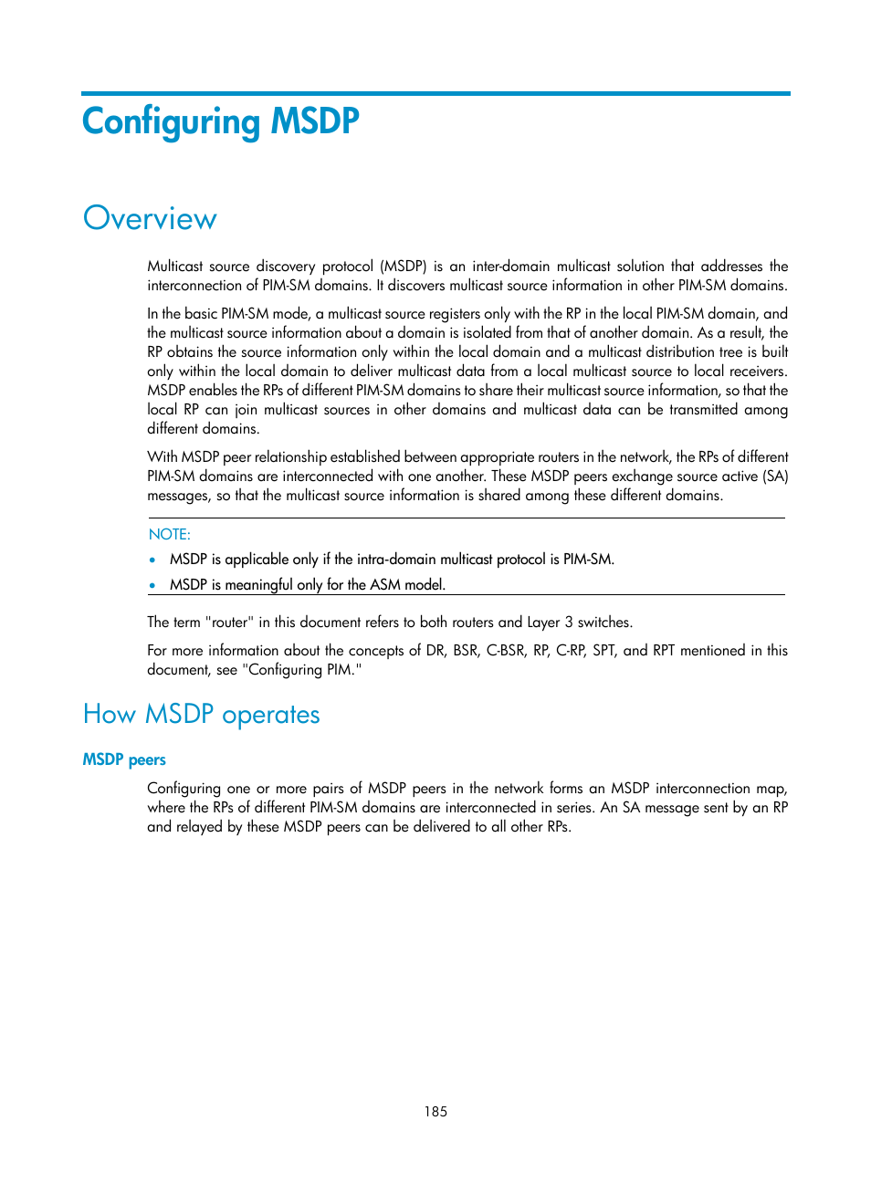 Configuring msdp, Overview, How msdp operates | Msdp peers | H3C Technologies H3C S12500 Series Switches User Manual | Page 201 / 468