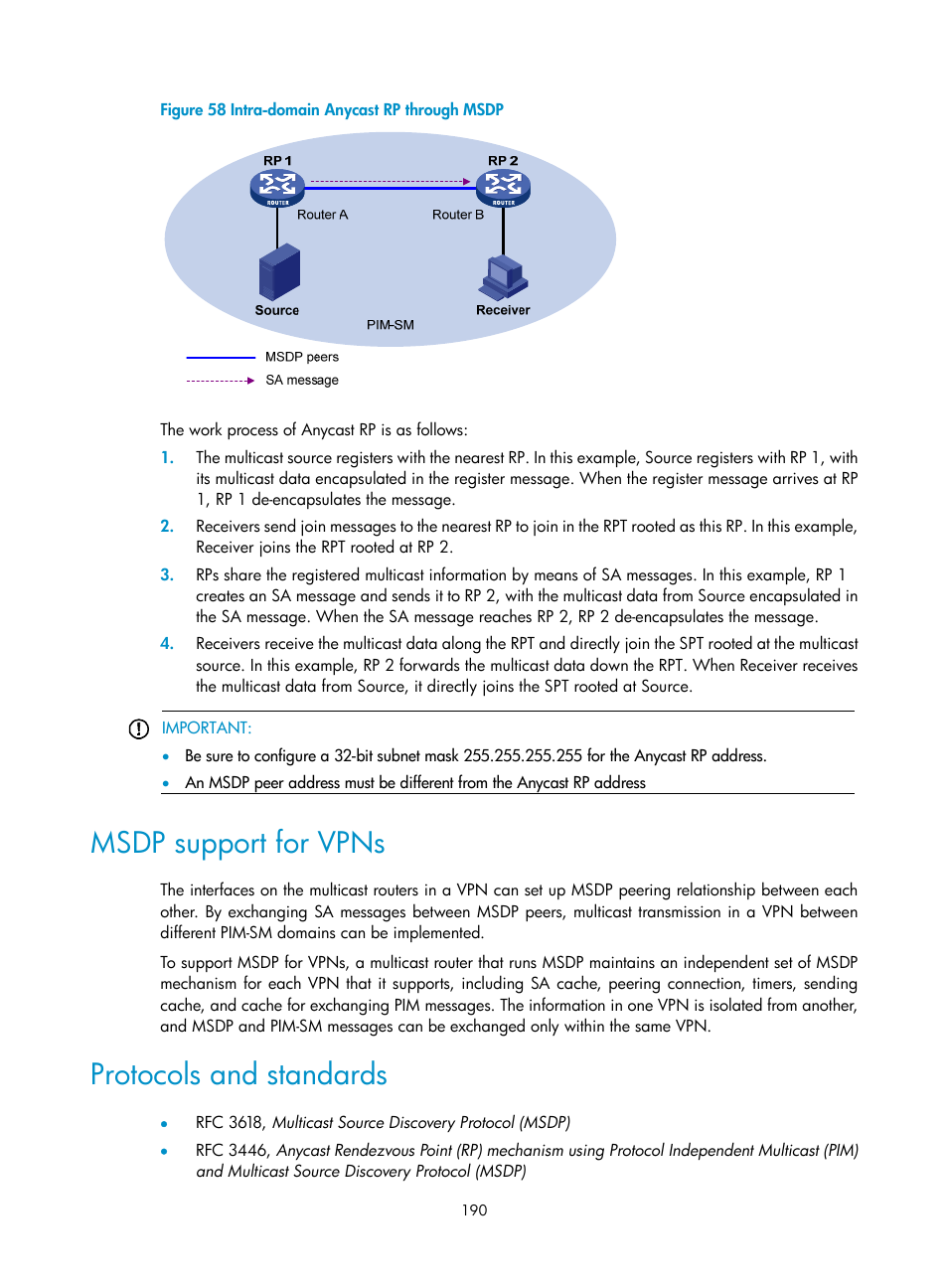 Msdp support for vpns, Protocols and standards | H3C Technologies H3C S12500 Series Switches User Manual | Page 206 / 468