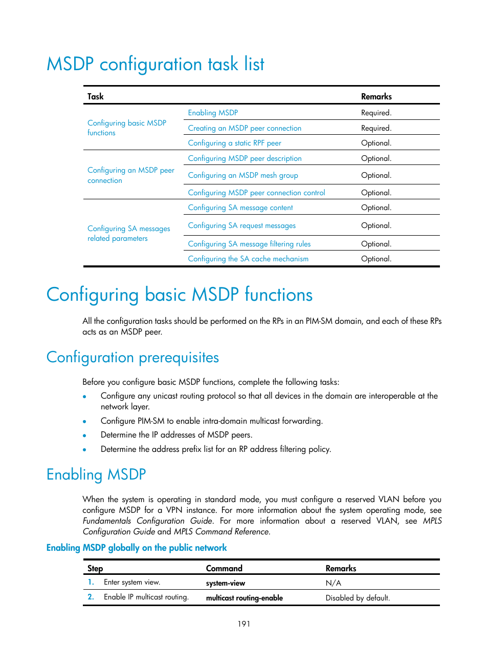 Msdp configuration task list, Configuring basic msdp functions, Configuration prerequisites | Enabling msdp, Enabling msdp globally on the public network | H3C Technologies H3C S12500 Series Switches User Manual | Page 207 / 468