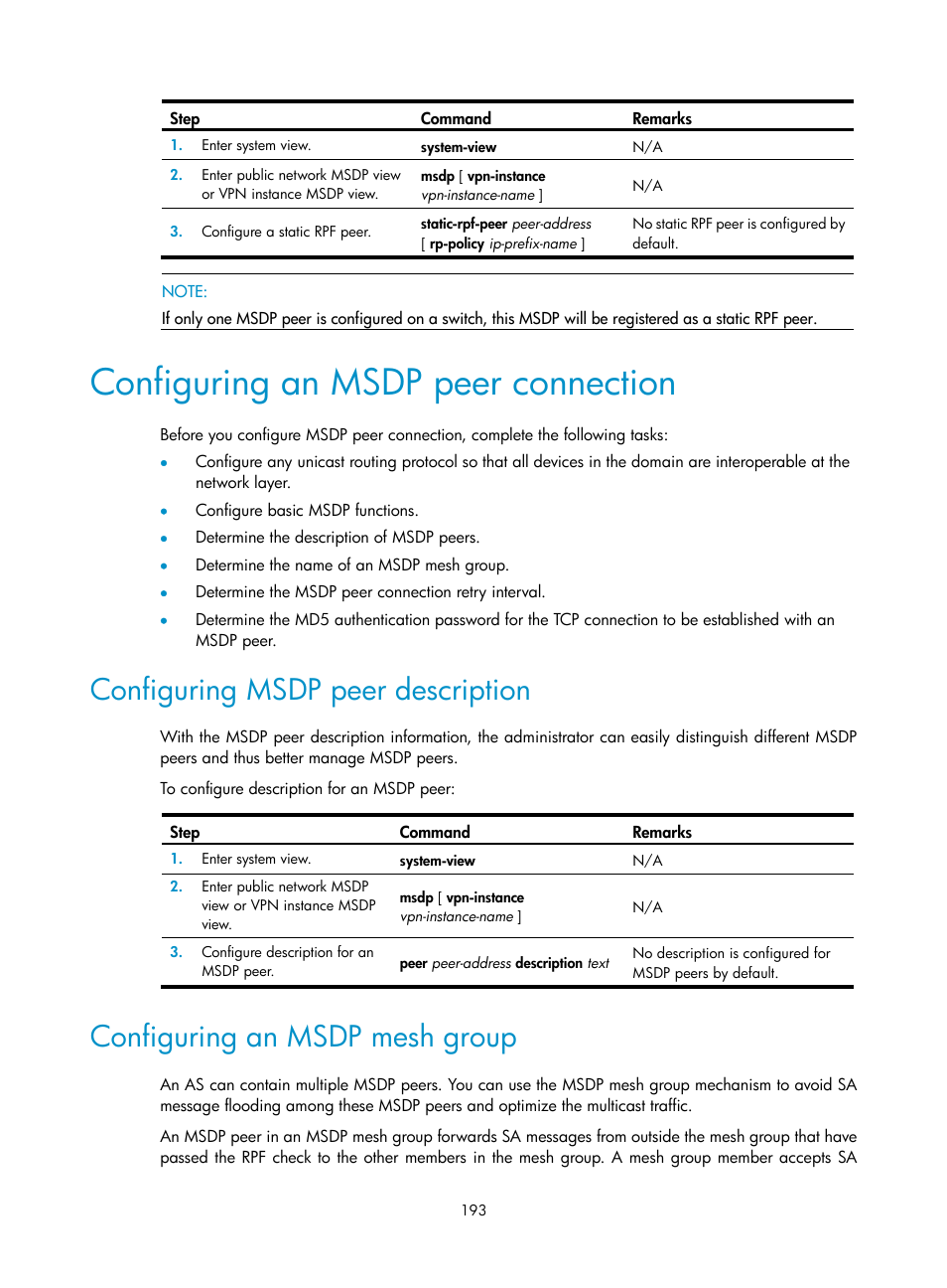 Configuring an msdp peer connection, Configuring msdp peer description, Configuring an msdp mesh group | H3C Technologies H3C S12500 Series Switches User Manual | Page 209 / 468