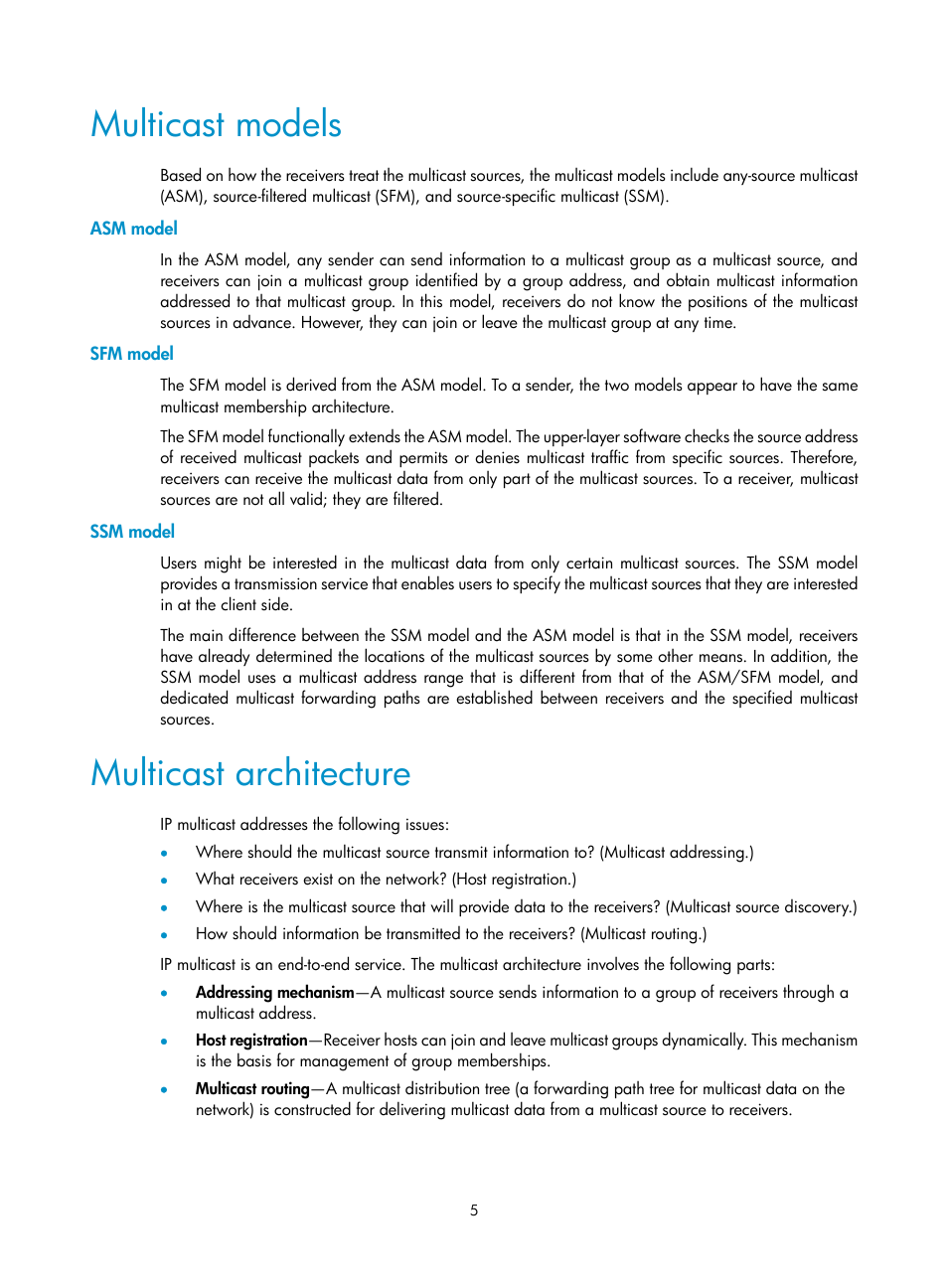 Multicast models, Asm model, Sfm model | Ssm model, Multicast architecture | H3C Technologies H3C S12500 Series Switches User Manual | Page 21 / 468