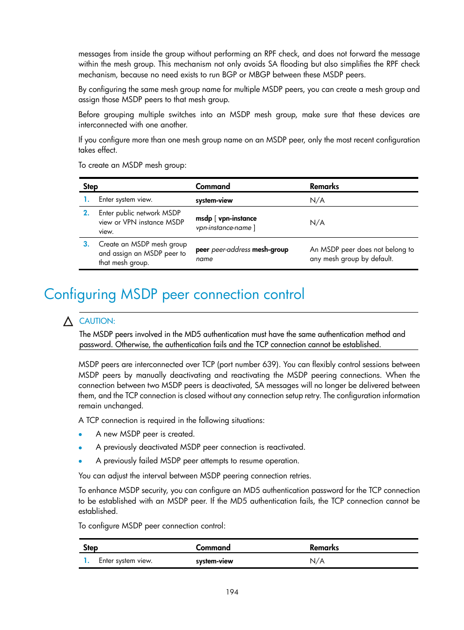 Configuring msdp peer connection control | H3C Technologies H3C S12500 Series Switches User Manual | Page 210 / 468
