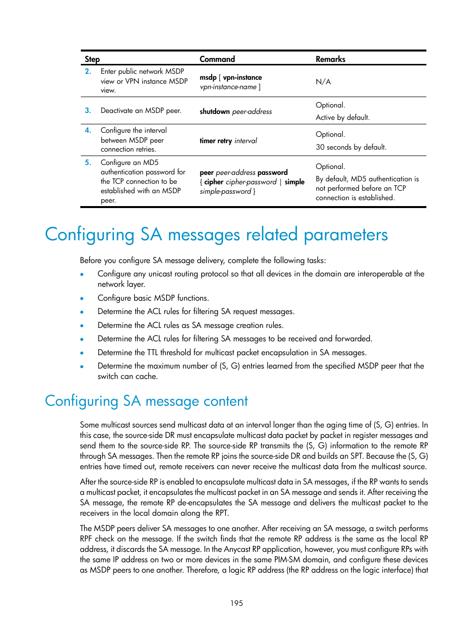 Configuring sa messages related parameters, Configuring sa message content | H3C Technologies H3C S12500 Series Switches User Manual | Page 211 / 468