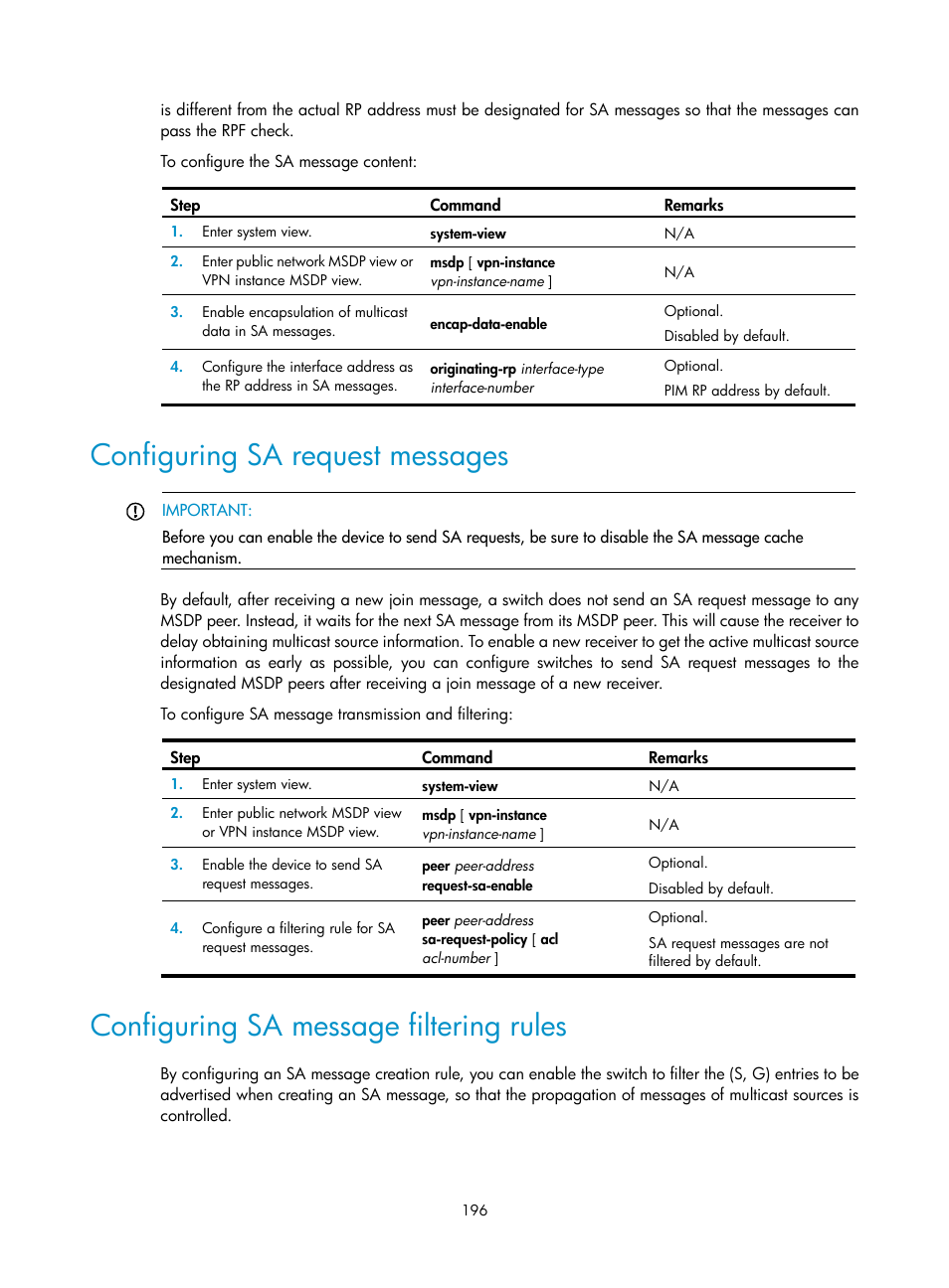 Configuring sa request messages, Configuring sa message filtering rules | H3C Technologies H3C S12500 Series Switches User Manual | Page 212 / 468