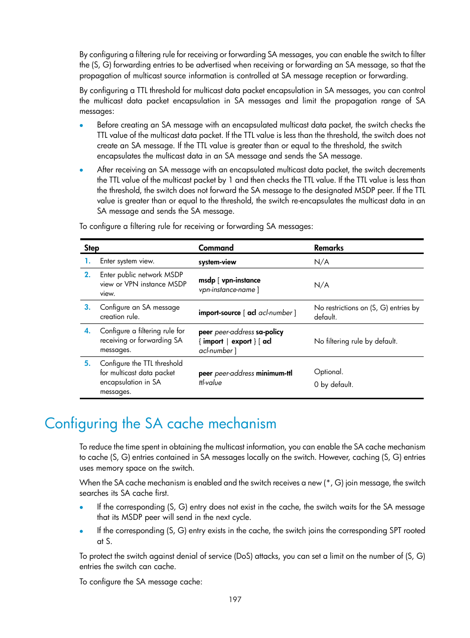Configuring the sa cache mechanism | H3C Technologies H3C S12500 Series Switches User Manual | Page 213 / 468