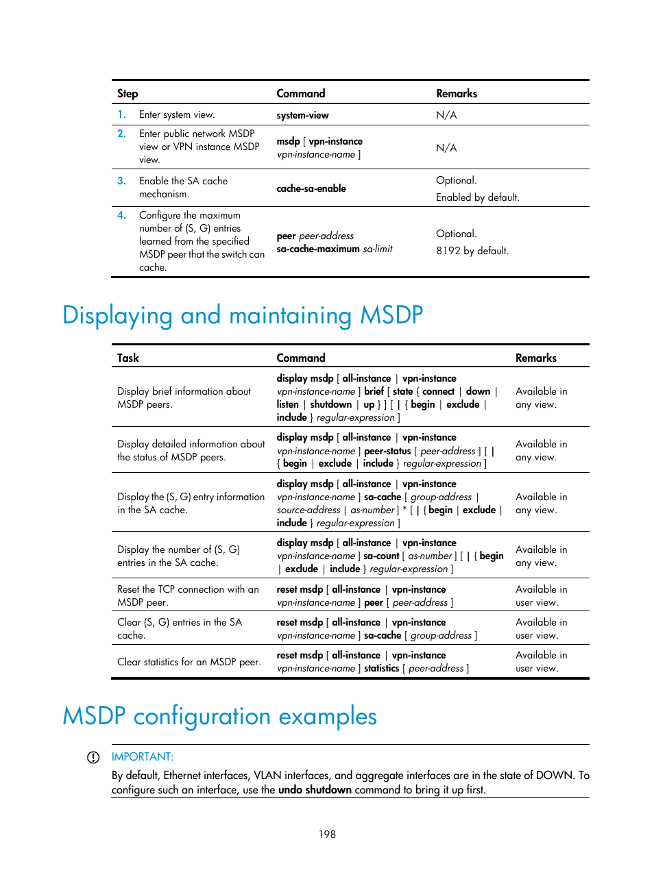 Displaying and maintaining msdp, Msdp configuration examples | H3C Technologies H3C S12500 Series Switches User Manual | Page 214 / 468