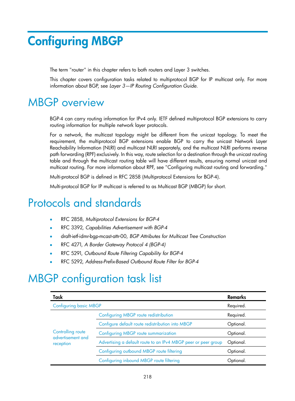 Configuring mbgp, Mbgp overview, Protocols and standards | Mbgp configuration task list | H3C Technologies H3C S12500 Series Switches User Manual | Page 234 / 468