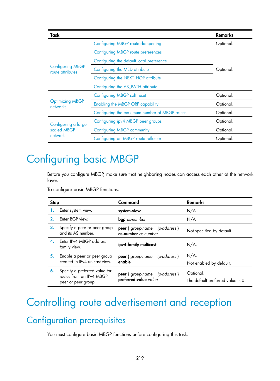 Configuring basic mbgp, Controlling route advertisement and reception, Configuration prerequisites | H3C Technologies H3C S12500 Series Switches User Manual | Page 235 / 468