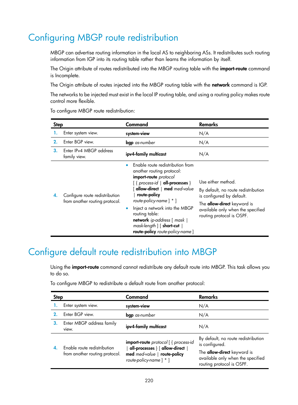 Configuring mbgp route redistribution, Configure default route redistribution into mbgp | H3C Technologies H3C S12500 Series Switches User Manual | Page 236 / 468