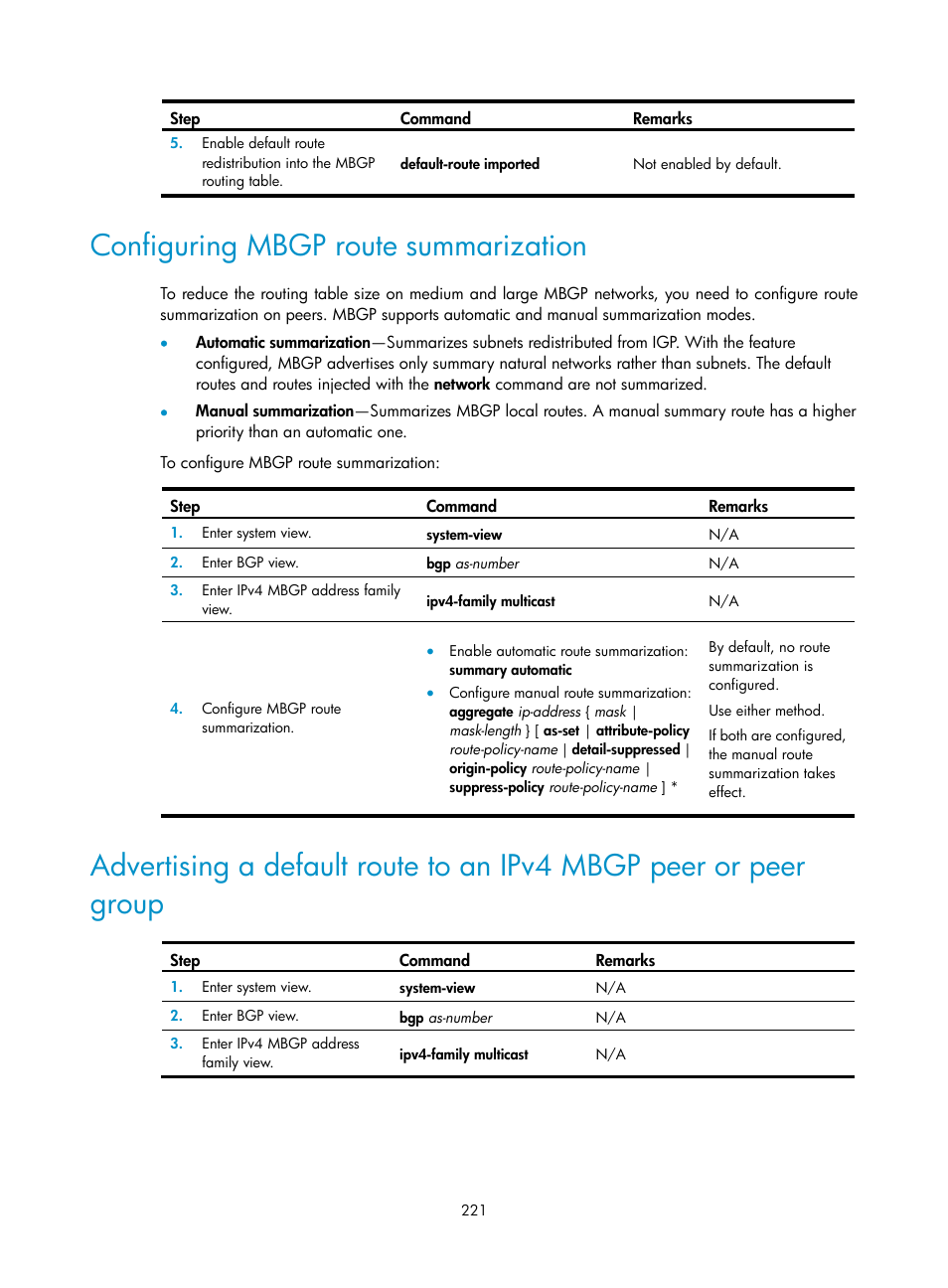 Configuring mbgp route summarization | H3C Technologies H3C S12500 Series Switches User Manual | Page 237 / 468