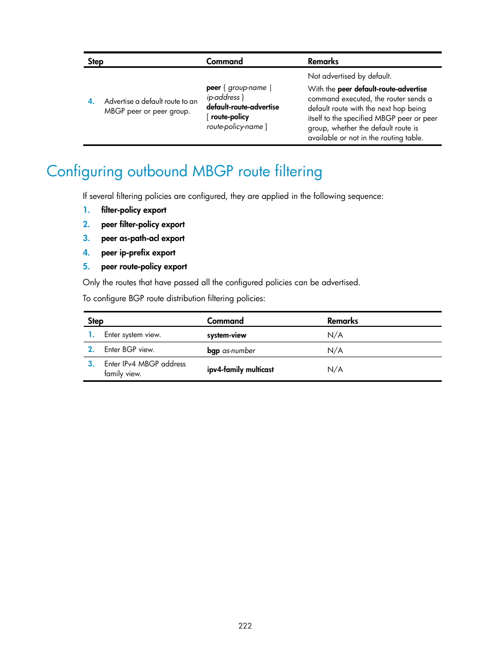 Configuring outbound mbgp route filtering | H3C Technologies H3C S12500 Series Switches User Manual | Page 238 / 468