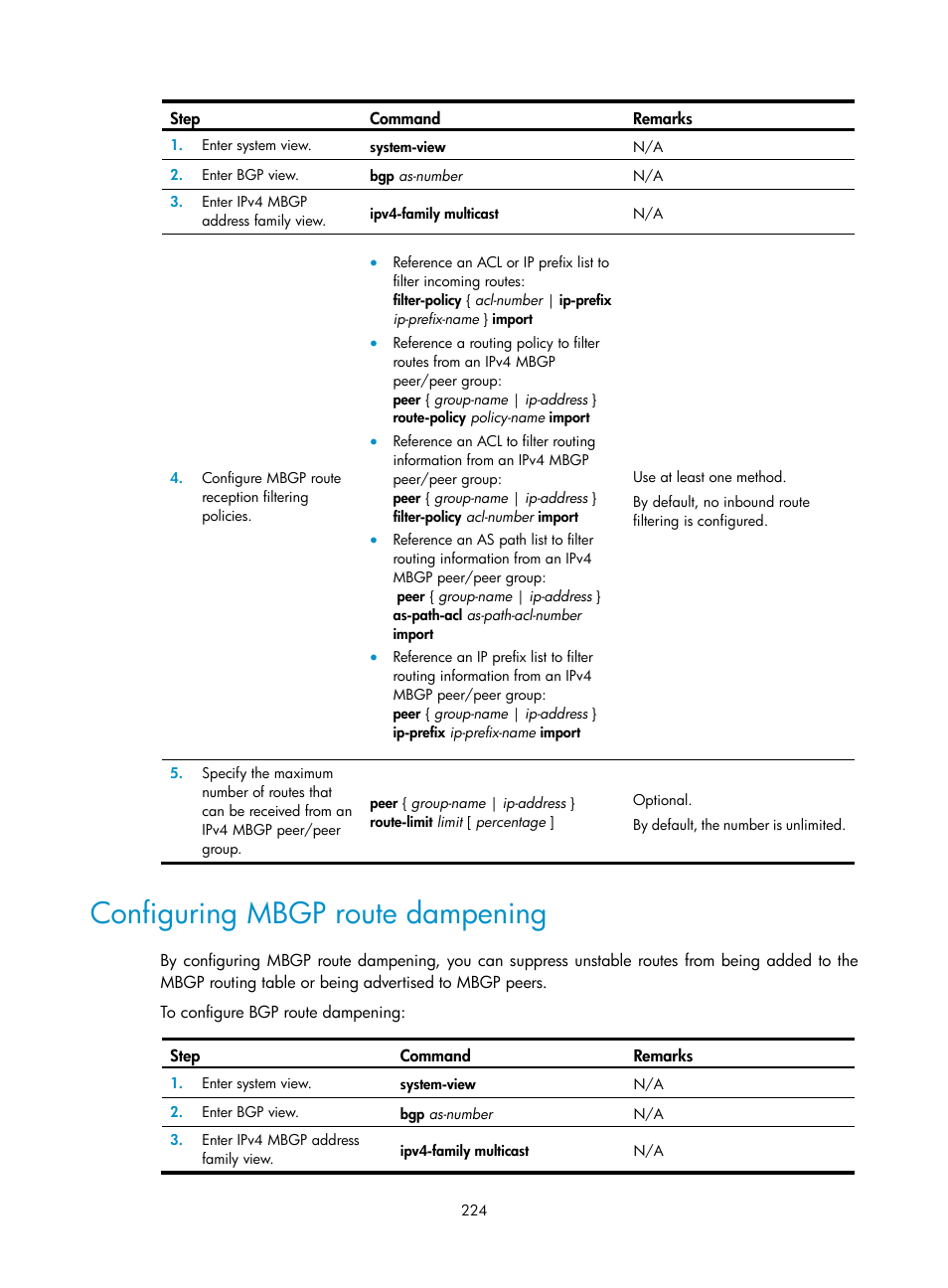 Configuring mbgp route dampening | H3C Technologies H3C S12500 Series Switches User Manual | Page 240 / 468