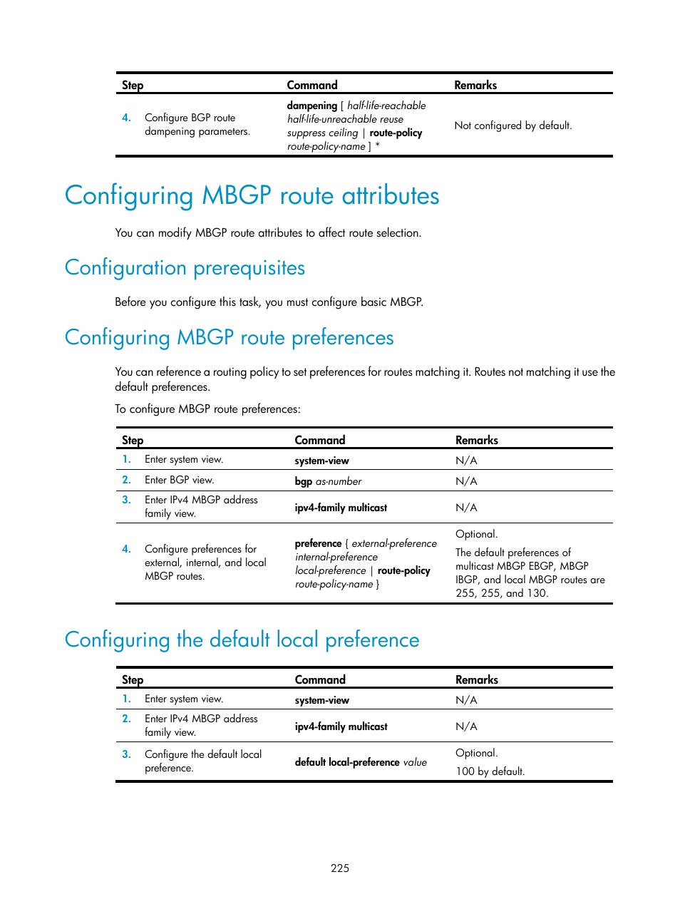 Configuring mbgp route attributes, Configuration prerequisites, Configuring mbgp route preferences | Configuring the default local preference | H3C Technologies H3C S12500 Series Switches User Manual | Page 241 / 468