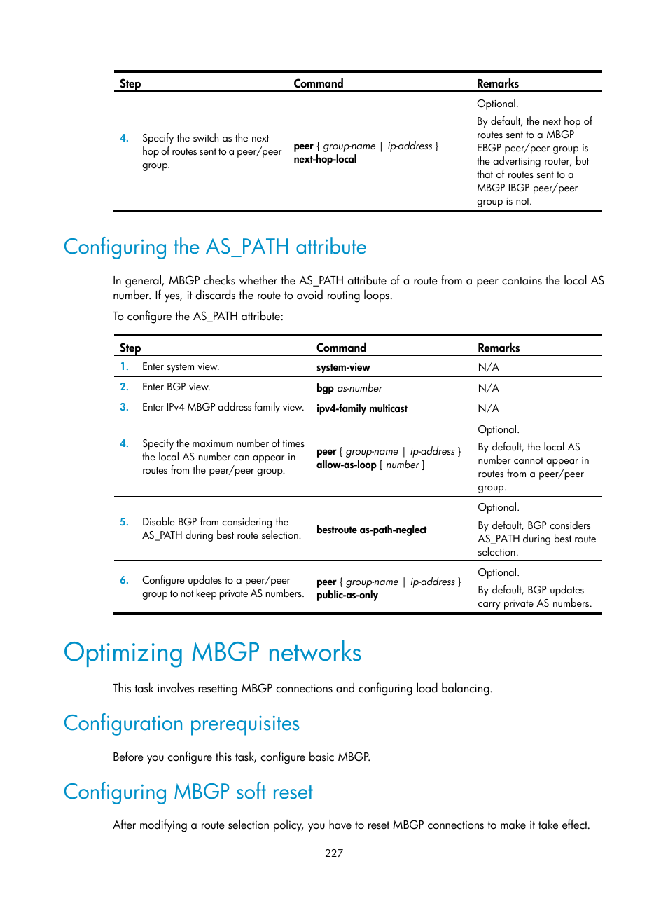 Configuring the as_path attribute, Optimizing mbgp networks, Configuration prerequisites | Configuring mbgp soft reset | H3C Technologies H3C S12500 Series Switches User Manual | Page 243 / 468