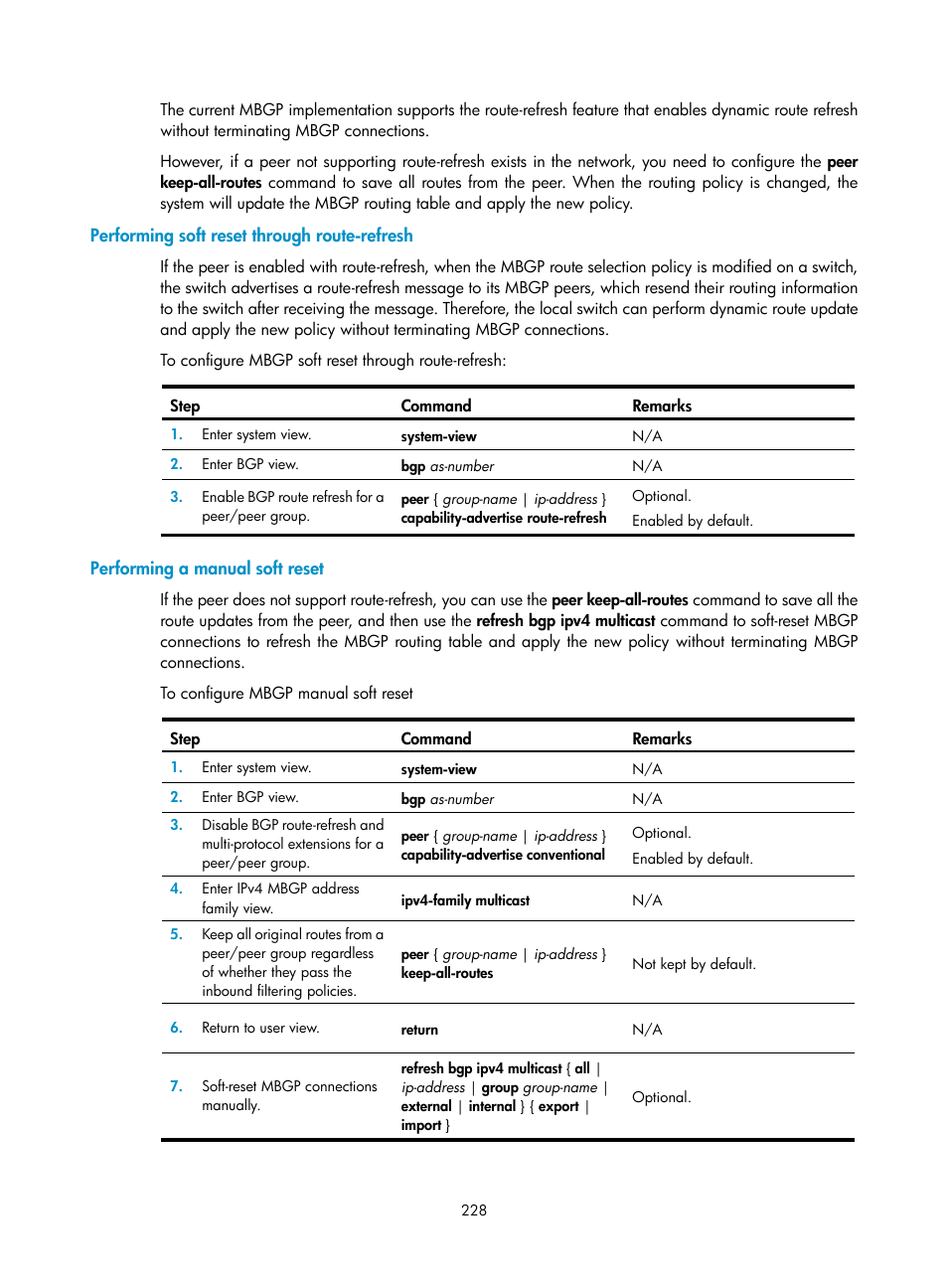 Performing soft reset through route-refresh, Performing a manual soft reset | H3C Technologies H3C S12500 Series Switches User Manual | Page 244 / 468