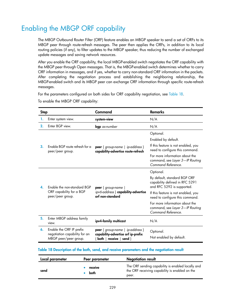 Enabling the mbgp orf capability | H3C Technologies H3C S12500 Series Switches User Manual | Page 245 / 468