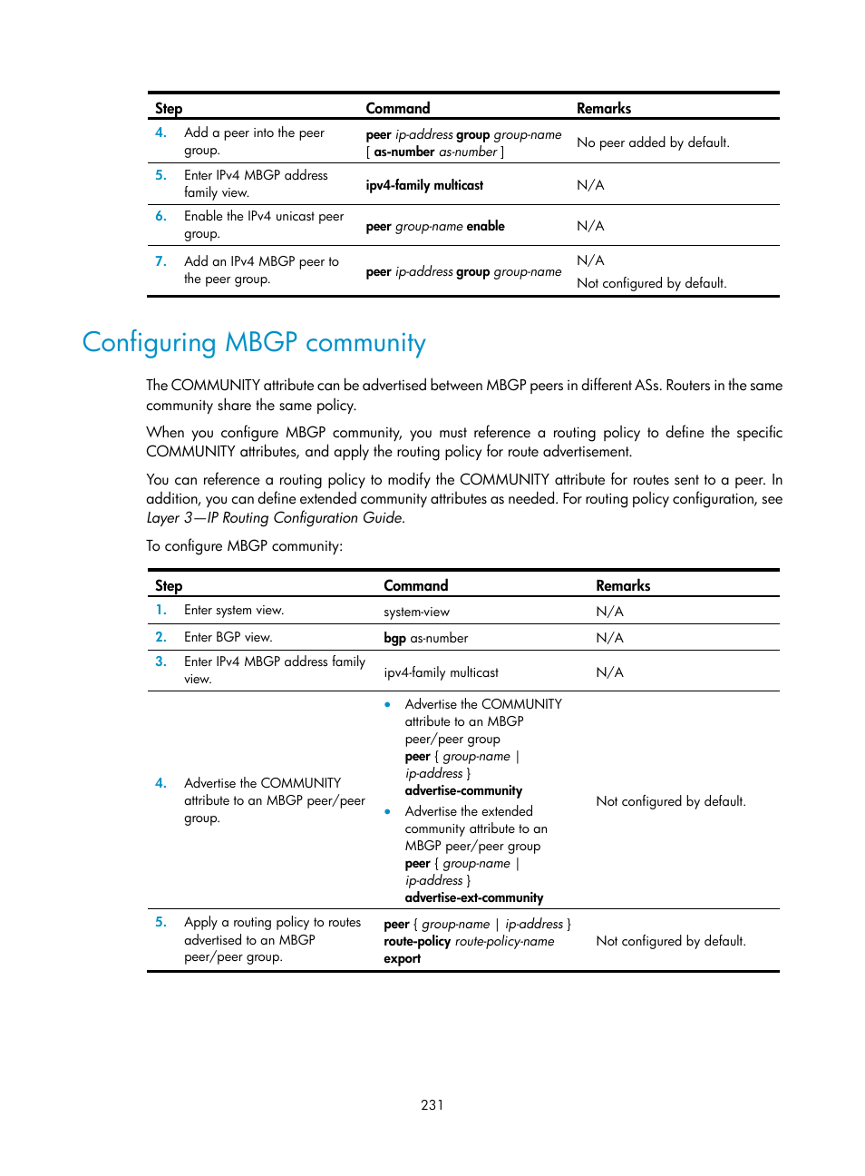 Configuring mbgp community | H3C Technologies H3C S12500 Series Switches User Manual | Page 247 / 468