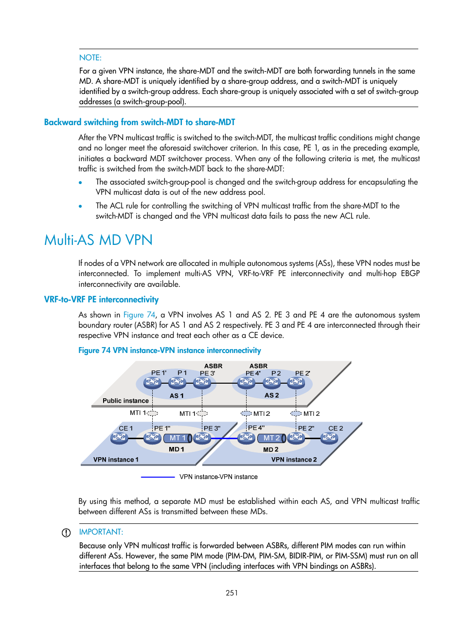 Backward switching from switch-mdt to share-mdt, Multi-as md vpn, Vrf-to-vrf pe interconnectivity | H3C Technologies H3C S12500 Series Switches User Manual | Page 267 / 468